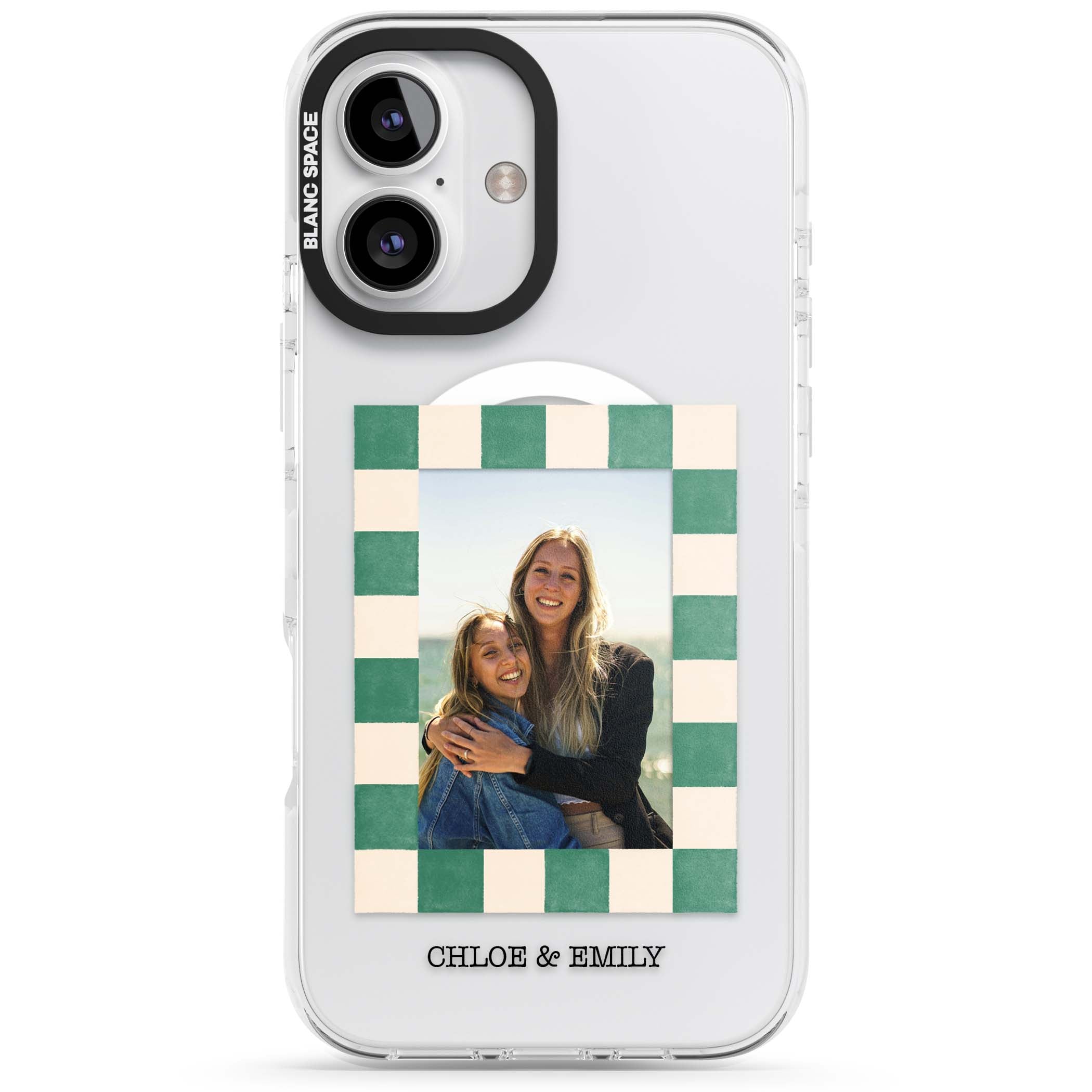 Seafoam Check Photo personalised iPhone case featuring a custom polaroid photo, green and cream checkered frame, and custom n | Impact Magsafe case for iPhone 16, iPhone 16 Plus