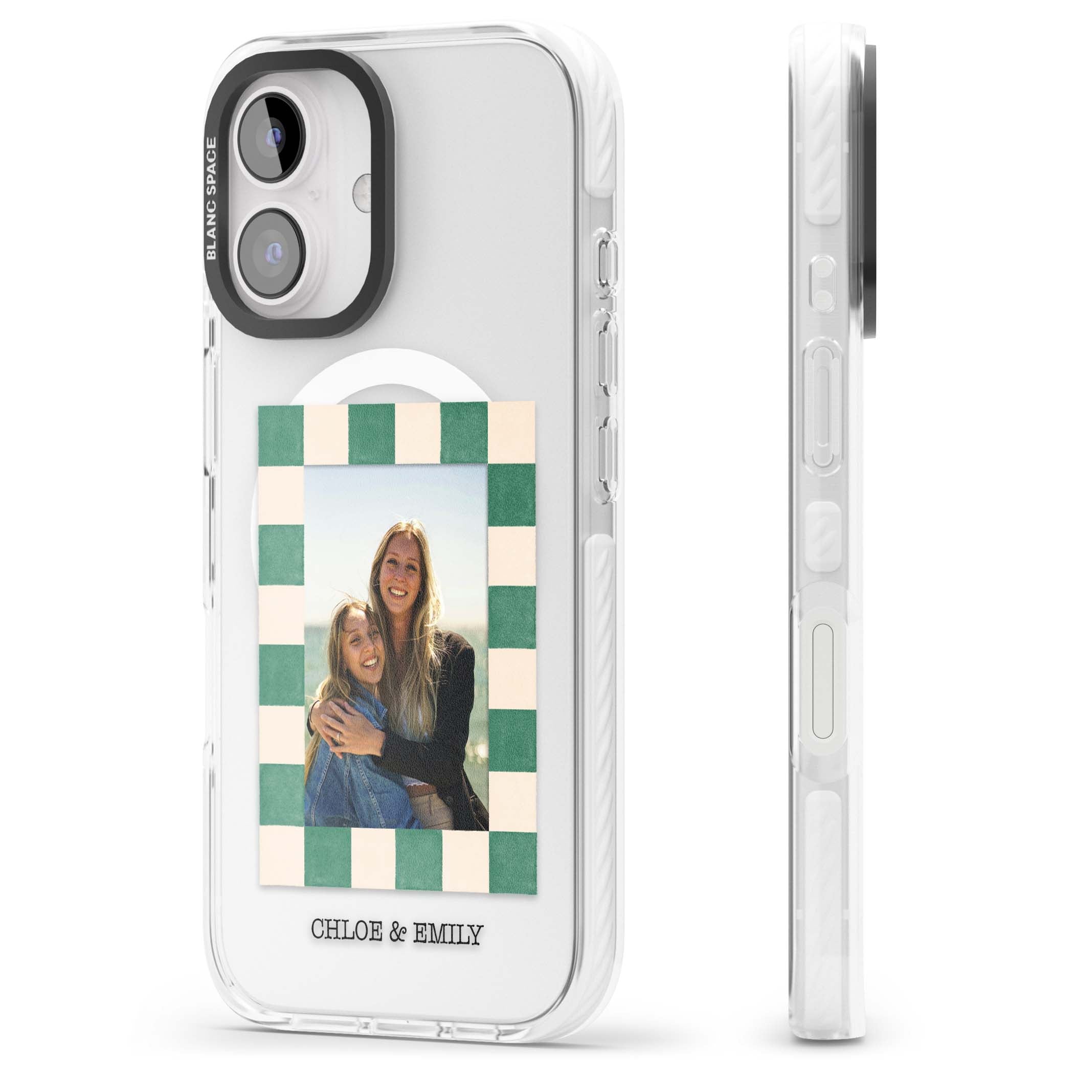 Seafoam Check Photo personalised iPhone case featuring a custom polaroid photo, green and cream checkered frame, and custom n | Impact Magsafe case for iPhone 16, iPhone 16 Plus
