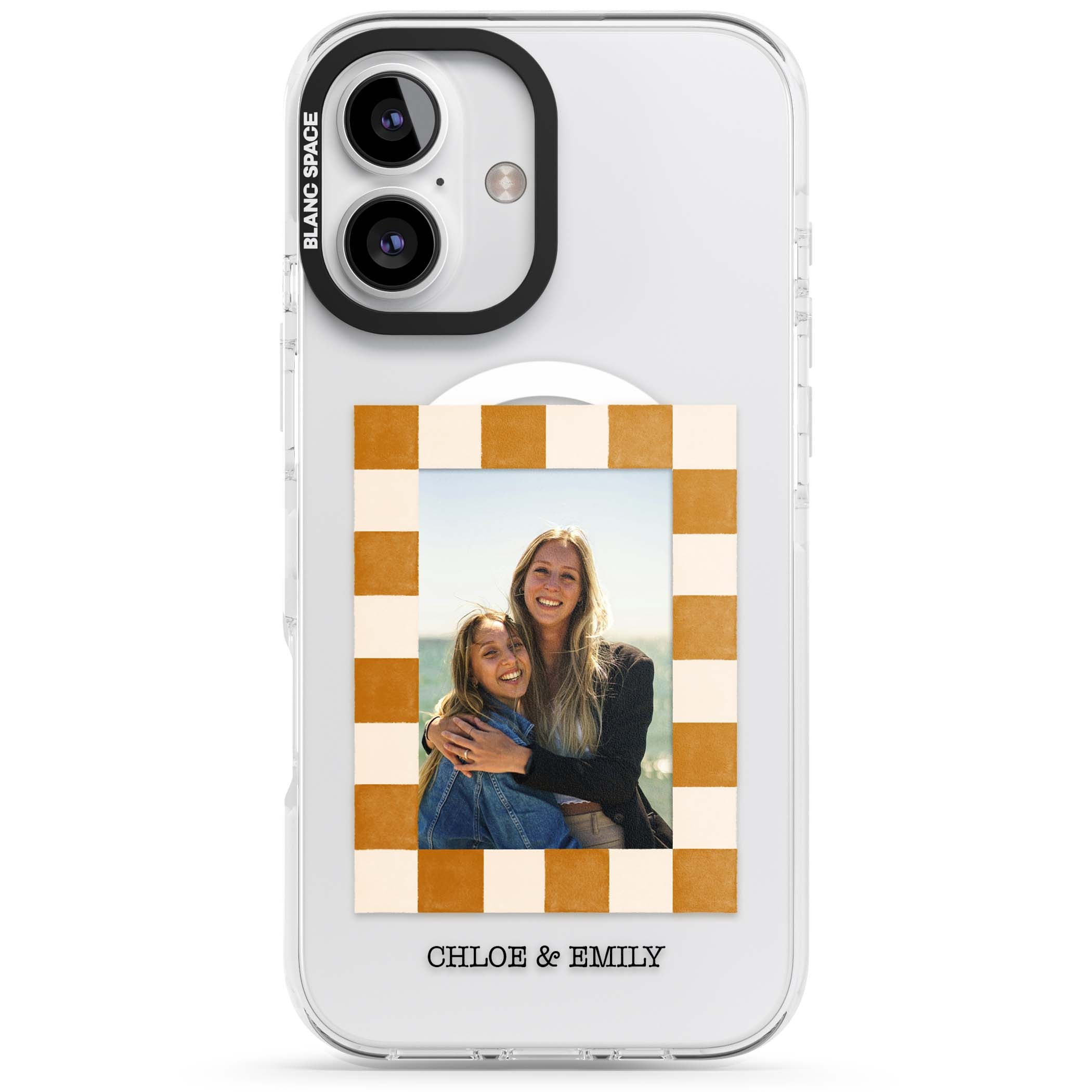 Citrus Check Photo personalised iPhone case with custom photo, orange checkered frame and names underneath | Impact Magsafe case for iPhone 16, iPhone 16 Plus