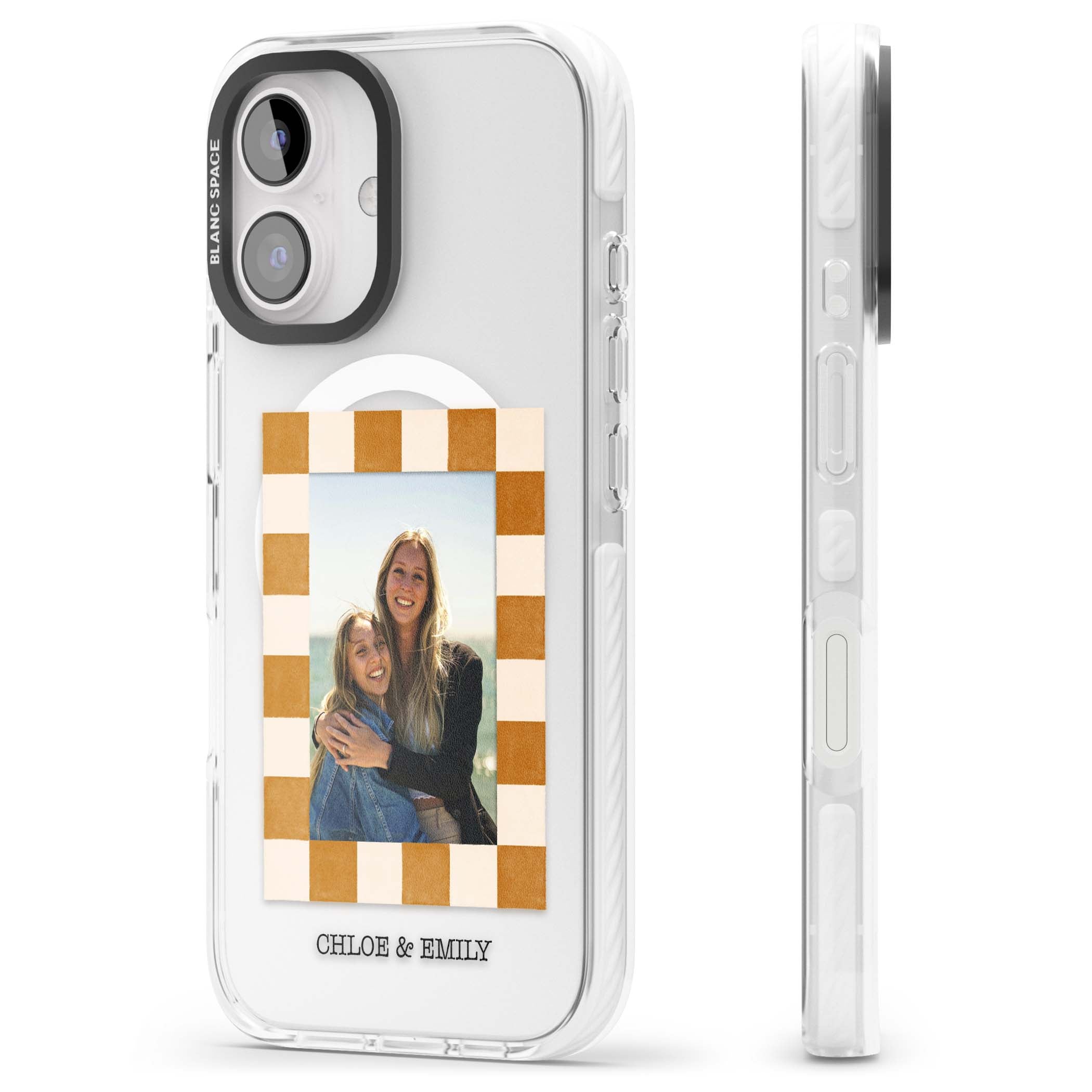 Citrus Check Photo personalised iPhone case with custom photo, orange checkered frame and names underneath | Impact Magsafe case for iPhone 16, iPhone 16 Plus
