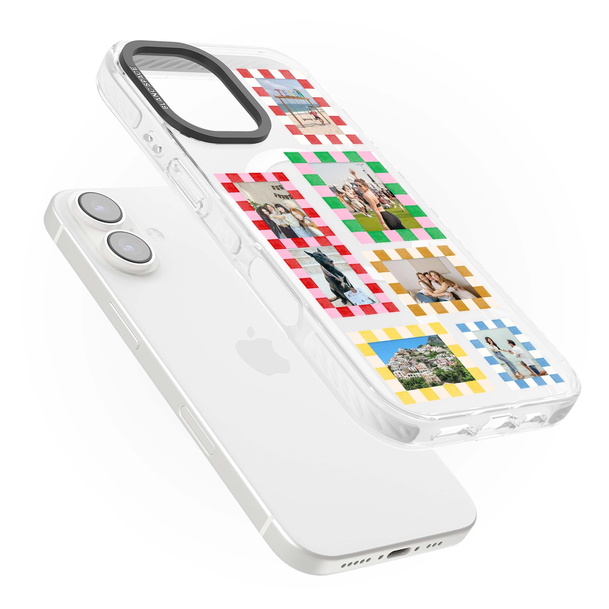 Italian Check Frames custom photo collage iPhone case featuring six checkered photo frames in red, green, pink and | Impact Magsafe case for iPhone 16, iPhone 16 Plus