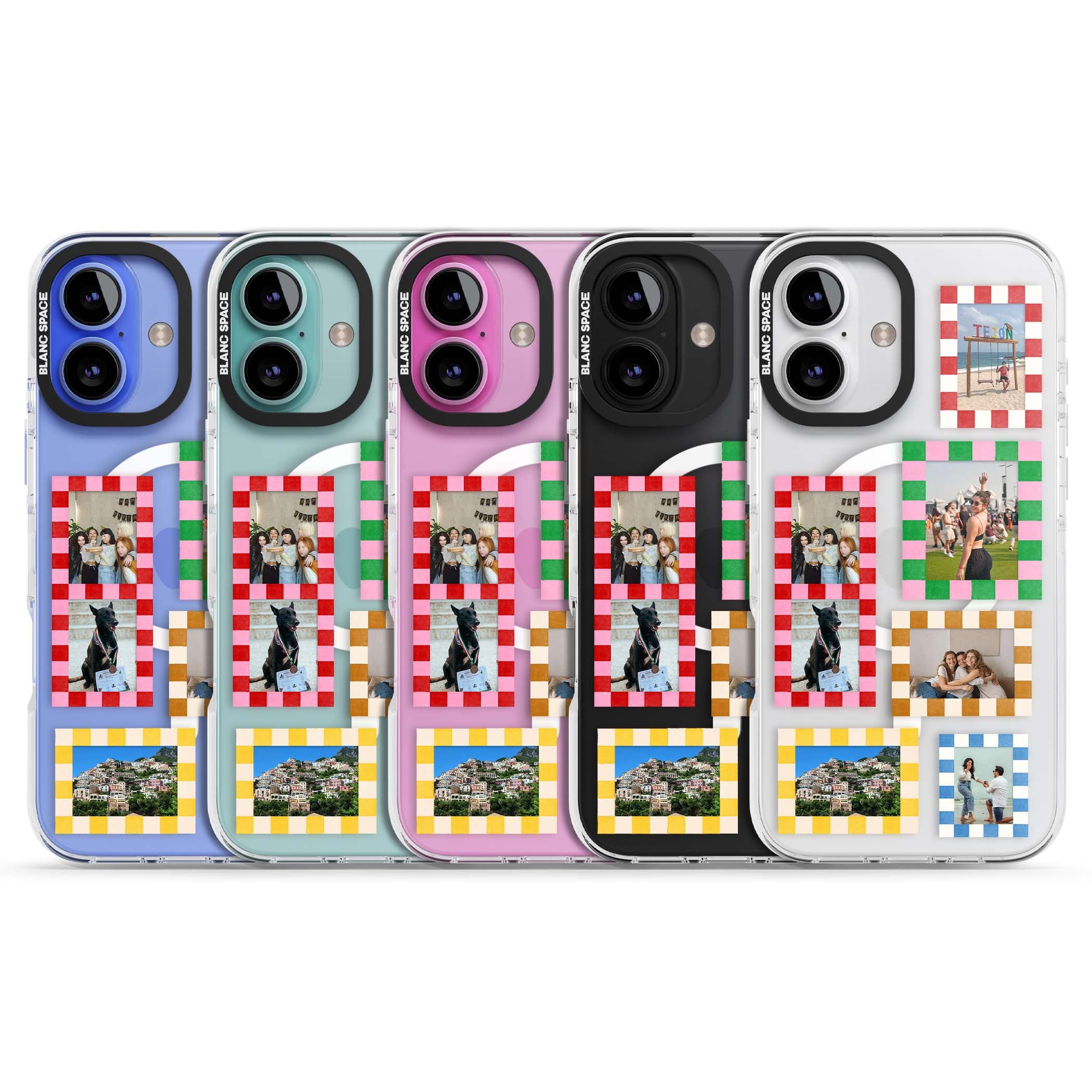 Italian Check Frames custom photo collage iPhone case featuring six checkered photo frames in red, green, pink and | Impact Magsafe case for iPhone 16, iPhone 16 Plus