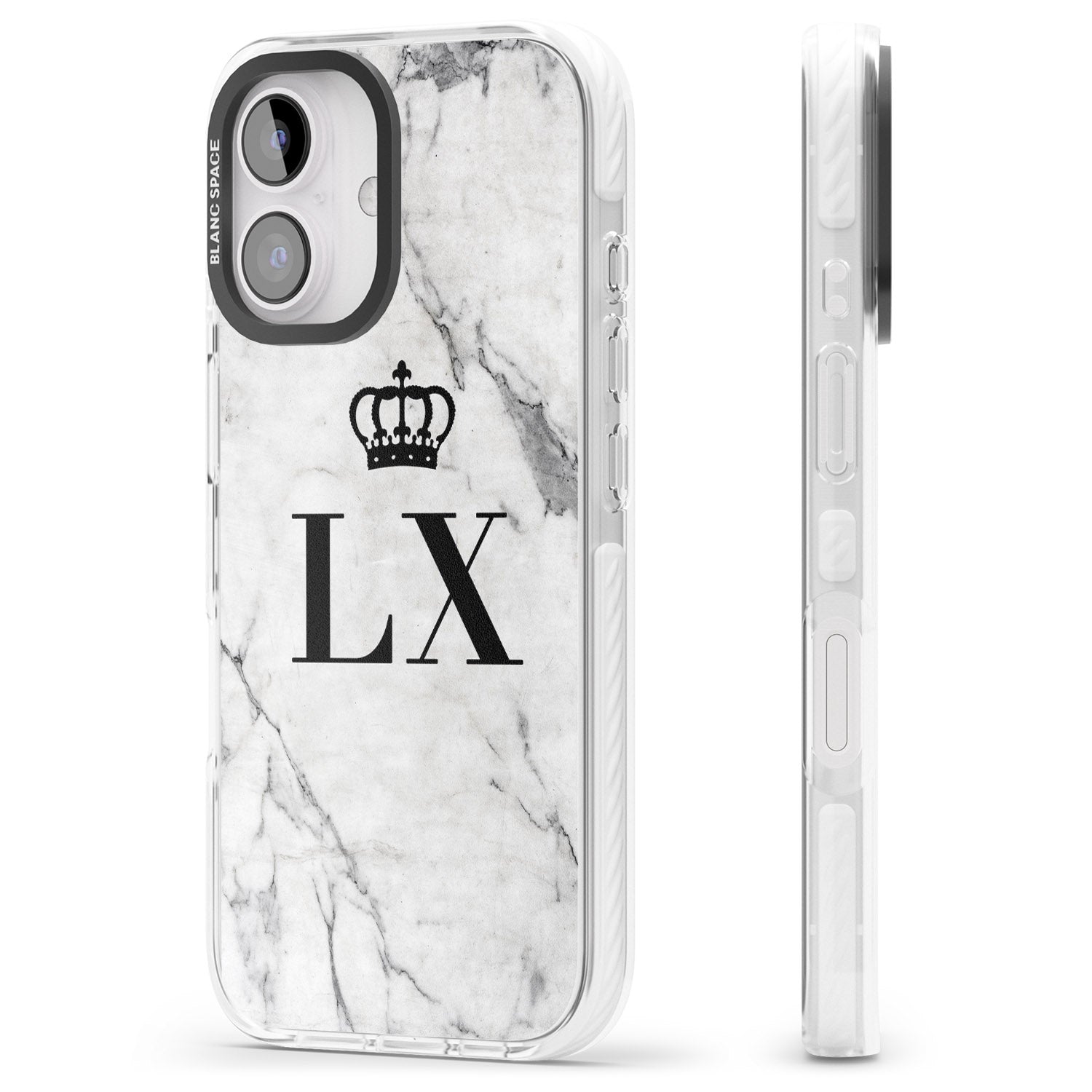 iPhone 16 Pro Max Personalised Initials with Crown on White Marble Black Impact Phone Case