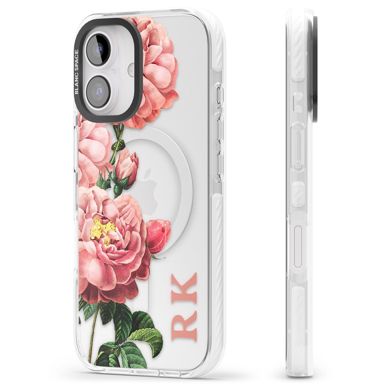 iPhone 16 Pro Max Personalised Clear Vintage Floral Pink Peonies Black Impact Phone Case