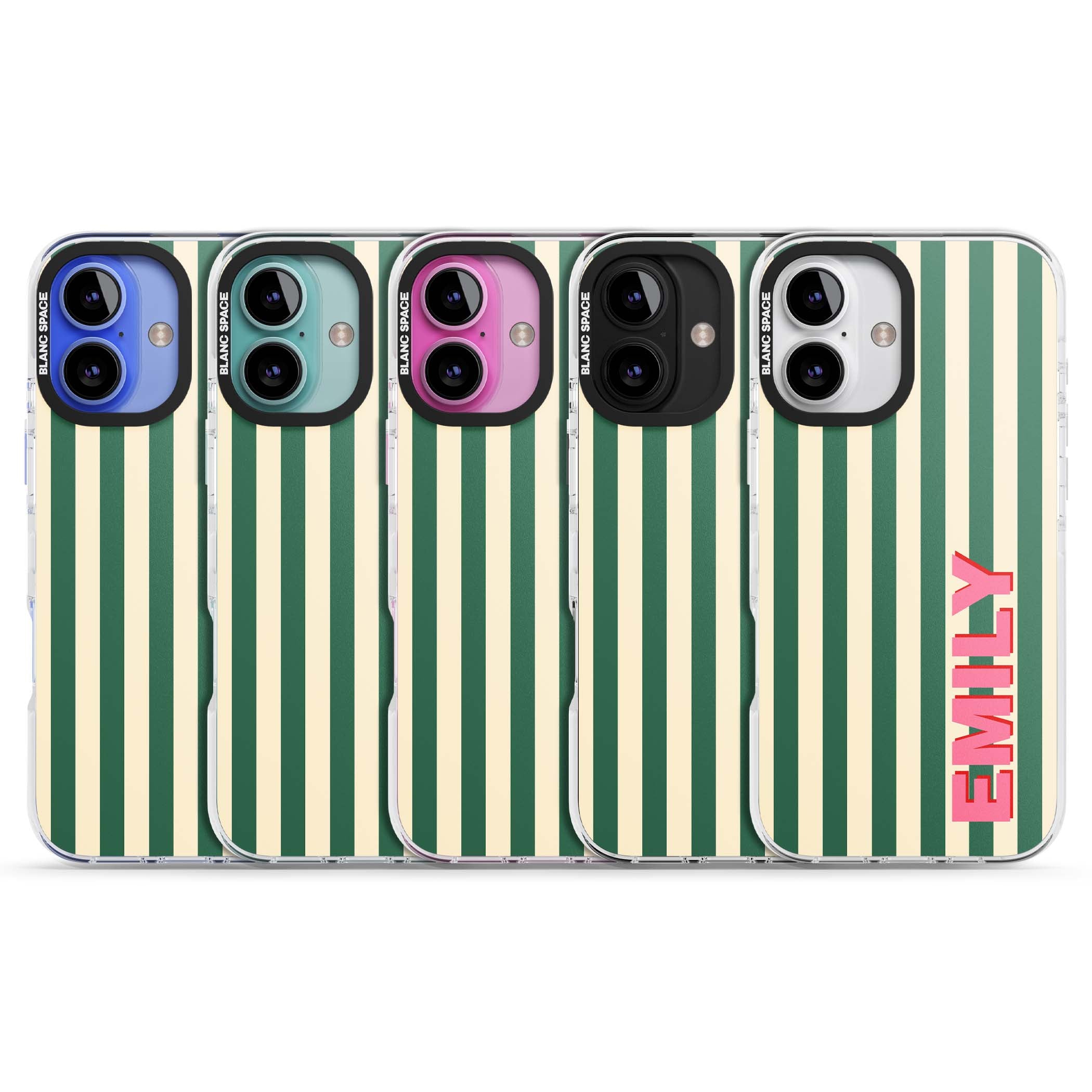 Wimbledon Stripe preppy iPhone case featuring green and cream vertical stripes with a personalised pink name | Impact Magsafe case for iPhone 16, iPhone 16 Plus