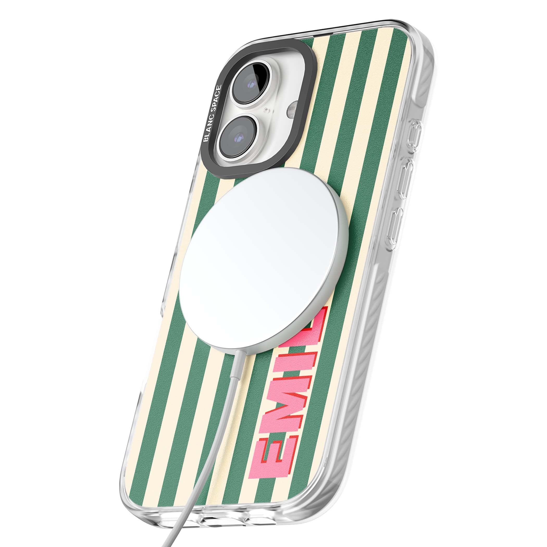 Wimbledon Stripe preppy iPhone case featuring green and cream vertical stripes with a personalised pink name | Impact Magsafe case for iPhone 16, iPhone 16 Plus
