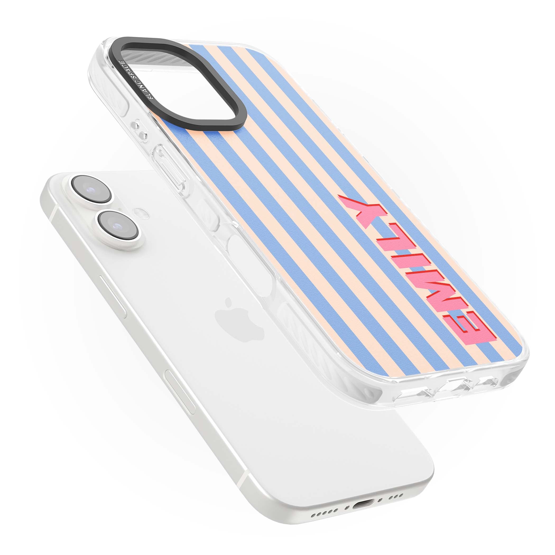 Coastal Stripe personalised coastal iPhone case with blue and peach vertical stripes and custom pink name | Impact Magsafe case for iPhone 16, iPhone 16 Plus