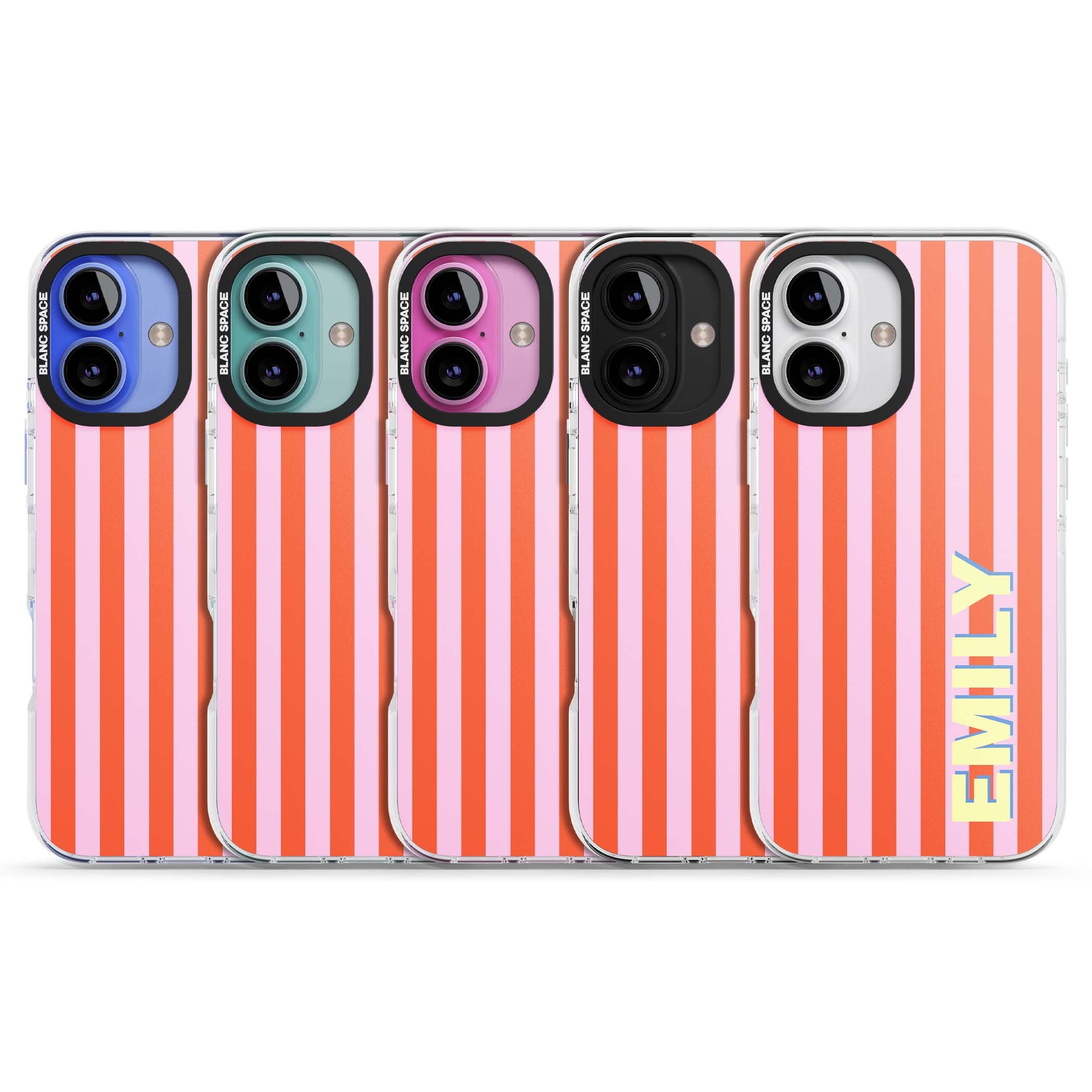 Havana Stripe personalised iPhone case featuring pink and orange vertical stripes with a custom yellow name | Impact Magsafe case for iPhone 16, iPhone 16 Plus