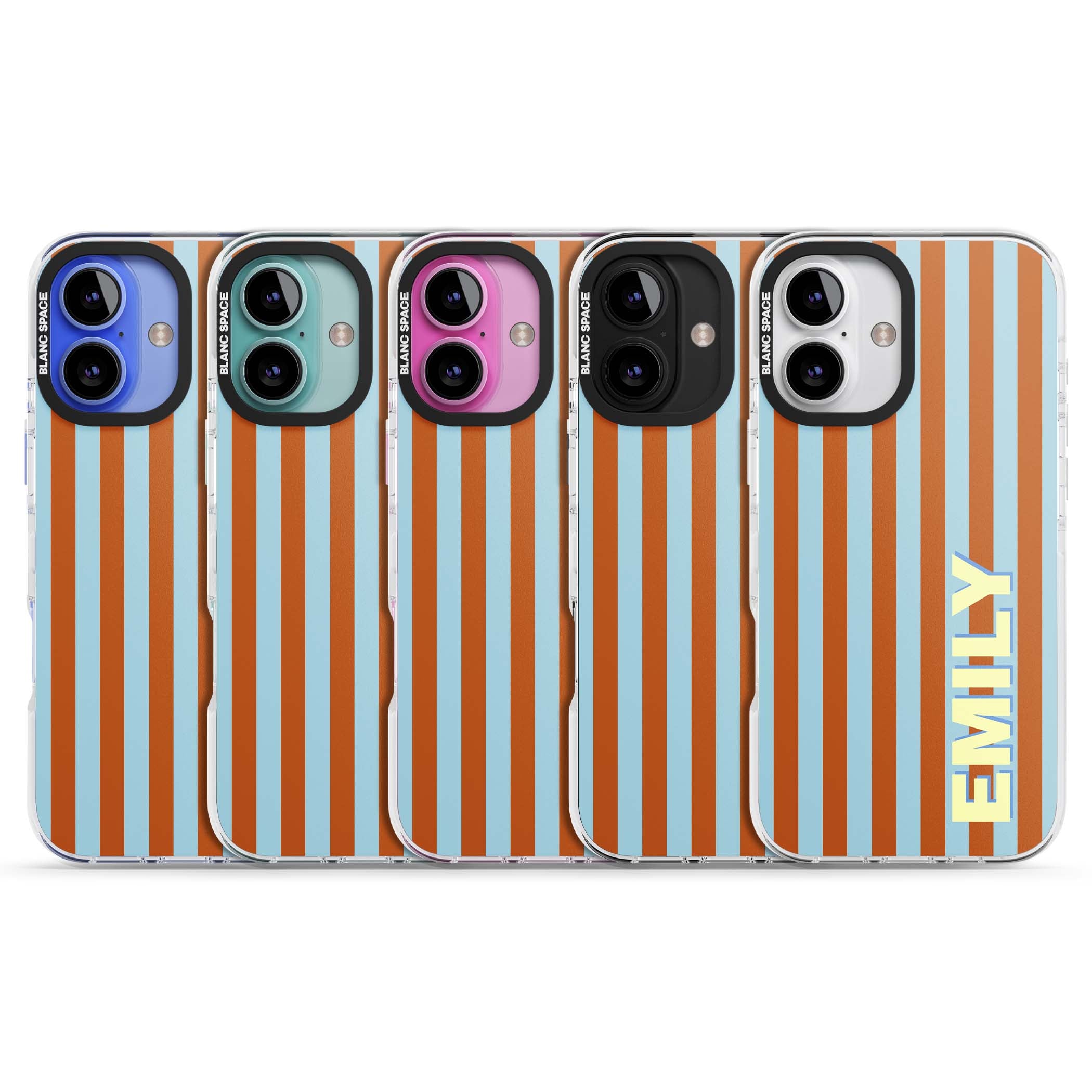Cappadocia Stripe personalised coastal iPhone case featuring blue and orange vertical stripes with custom cream name | Impact Magsafe case for iPhone 16, iPhone 16 Plus