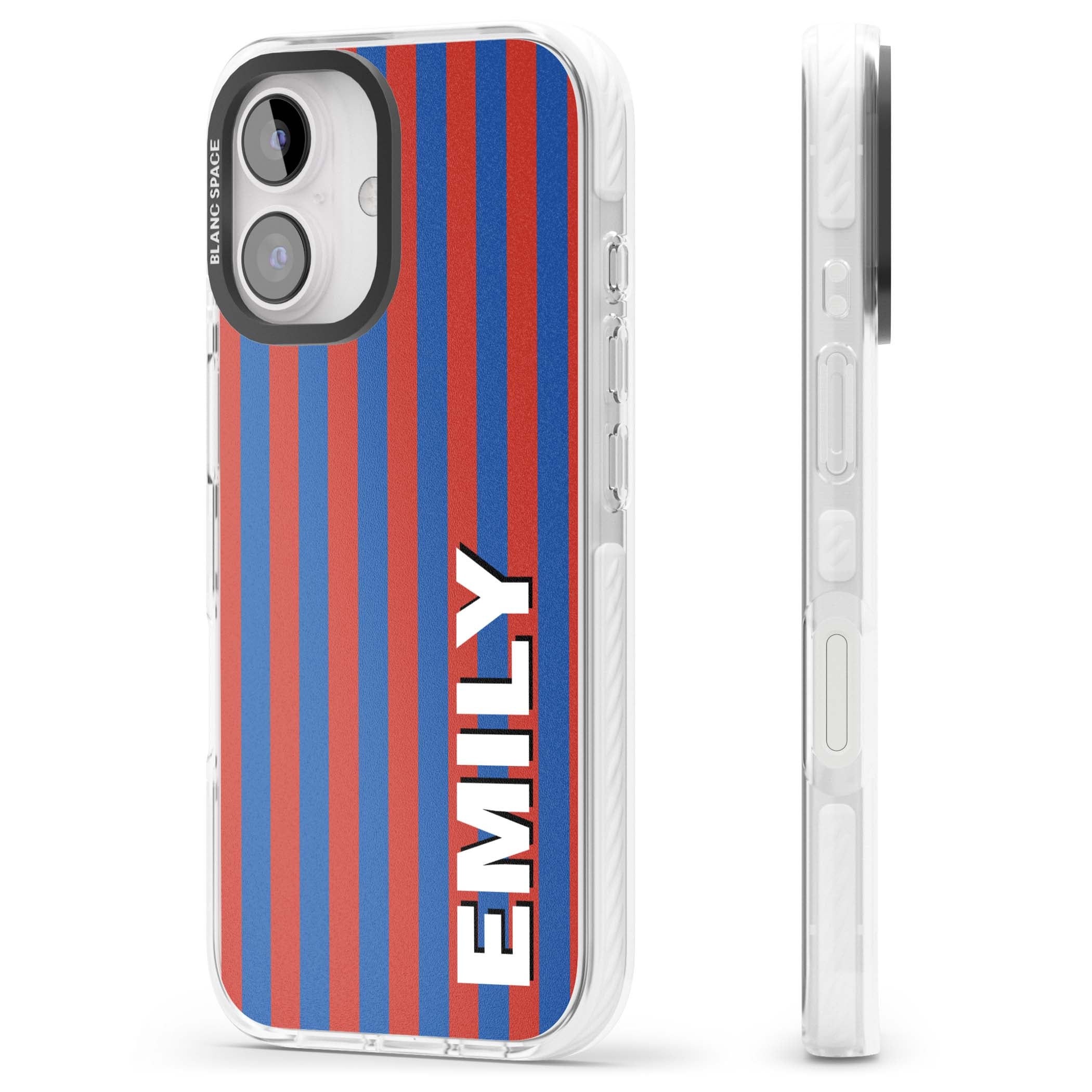 Cuban Stripe personalised iPhone case featuring red and blue vertical stripes with custom name in bold white letters | Impact Magsafe case for iPhone 16, iPhone 16 Plus