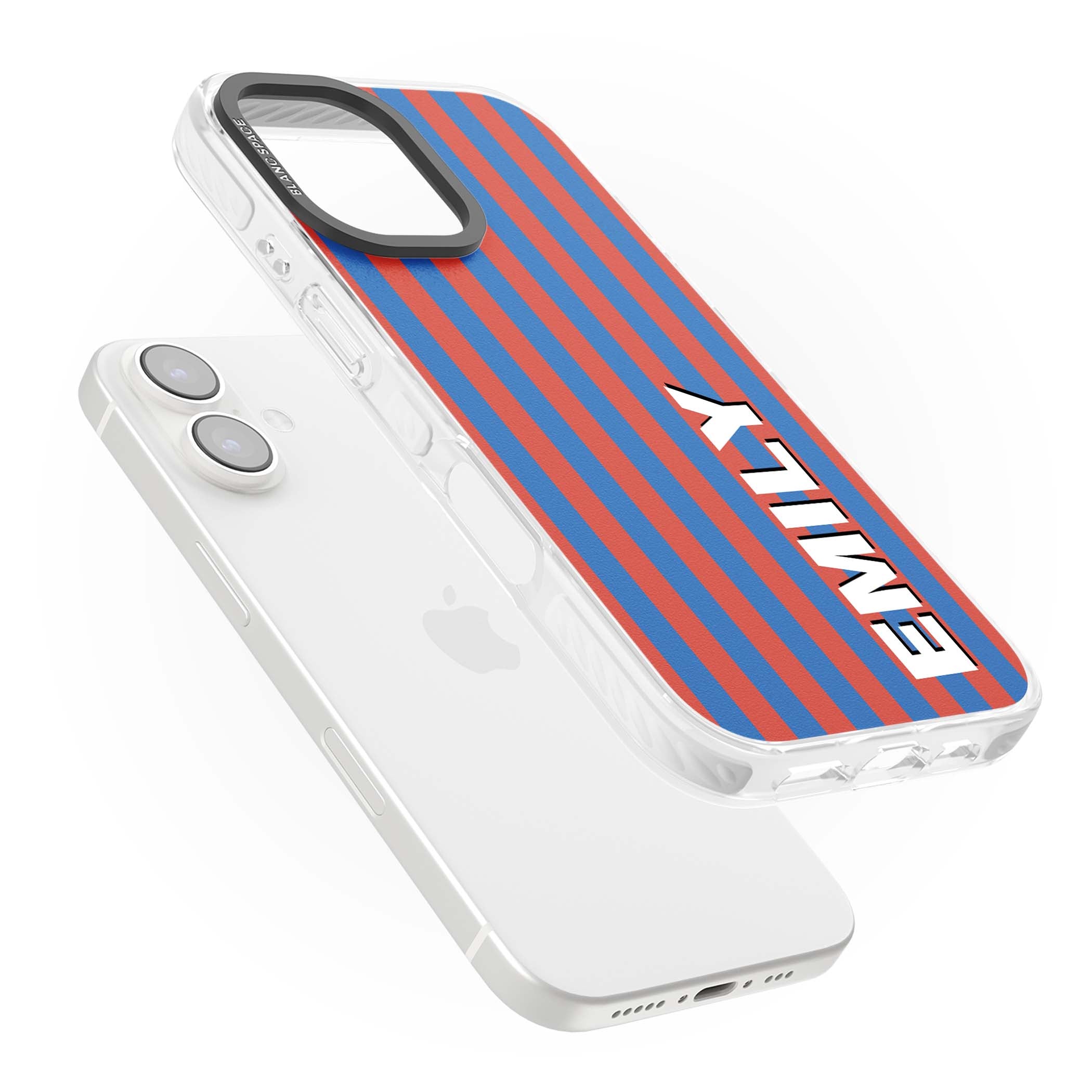 Cuban Stripe personalised iPhone case featuring red and blue vertical stripes with custom name in bold white letters | Impact Magsafe case for iPhone 16, iPhone 16 Plus