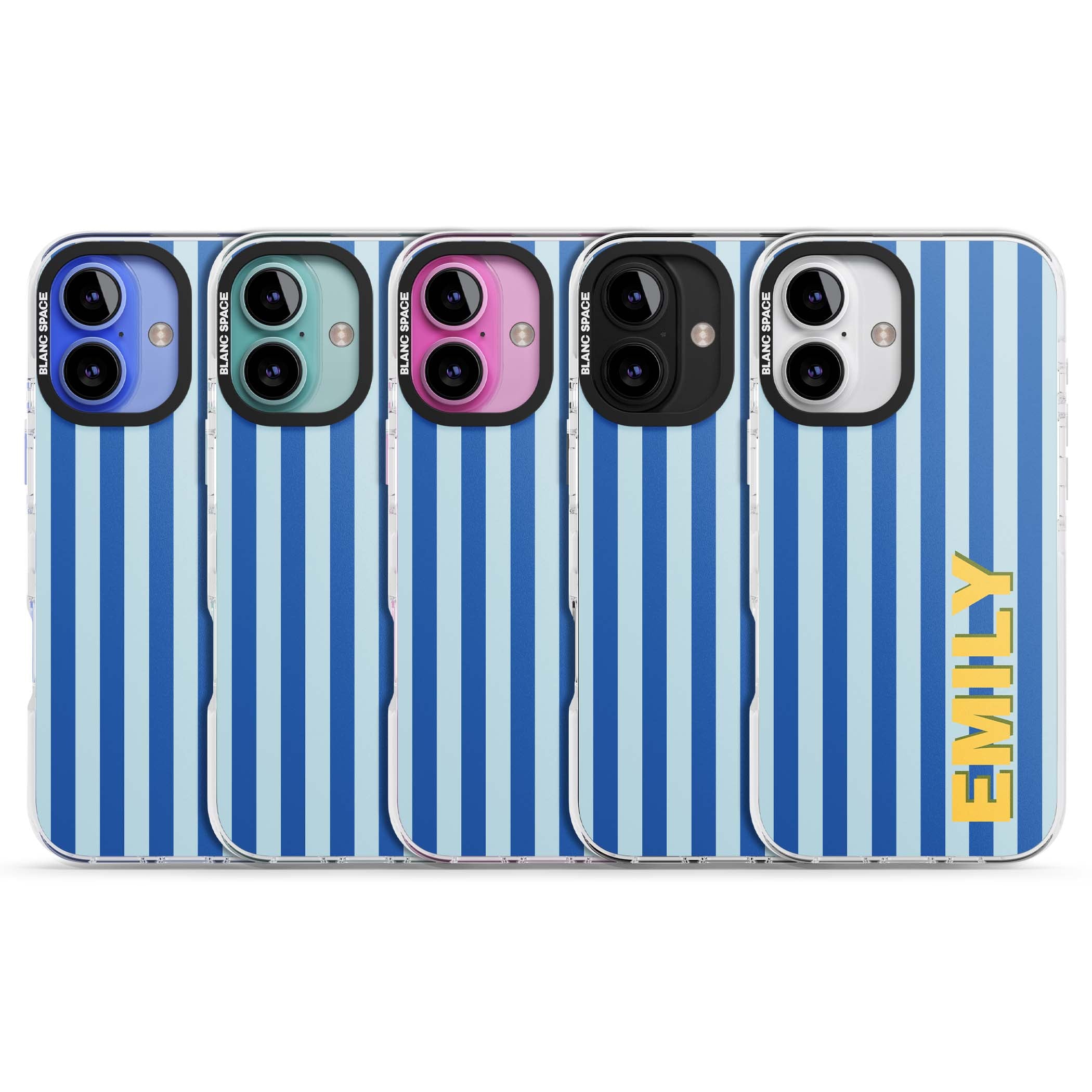 Athenian Stripe personalised preppy iPhone case featuring blue vertical stripes and a custom yellow name | Impact Magsafe case for iPhone 16, iPhone 16 Plus