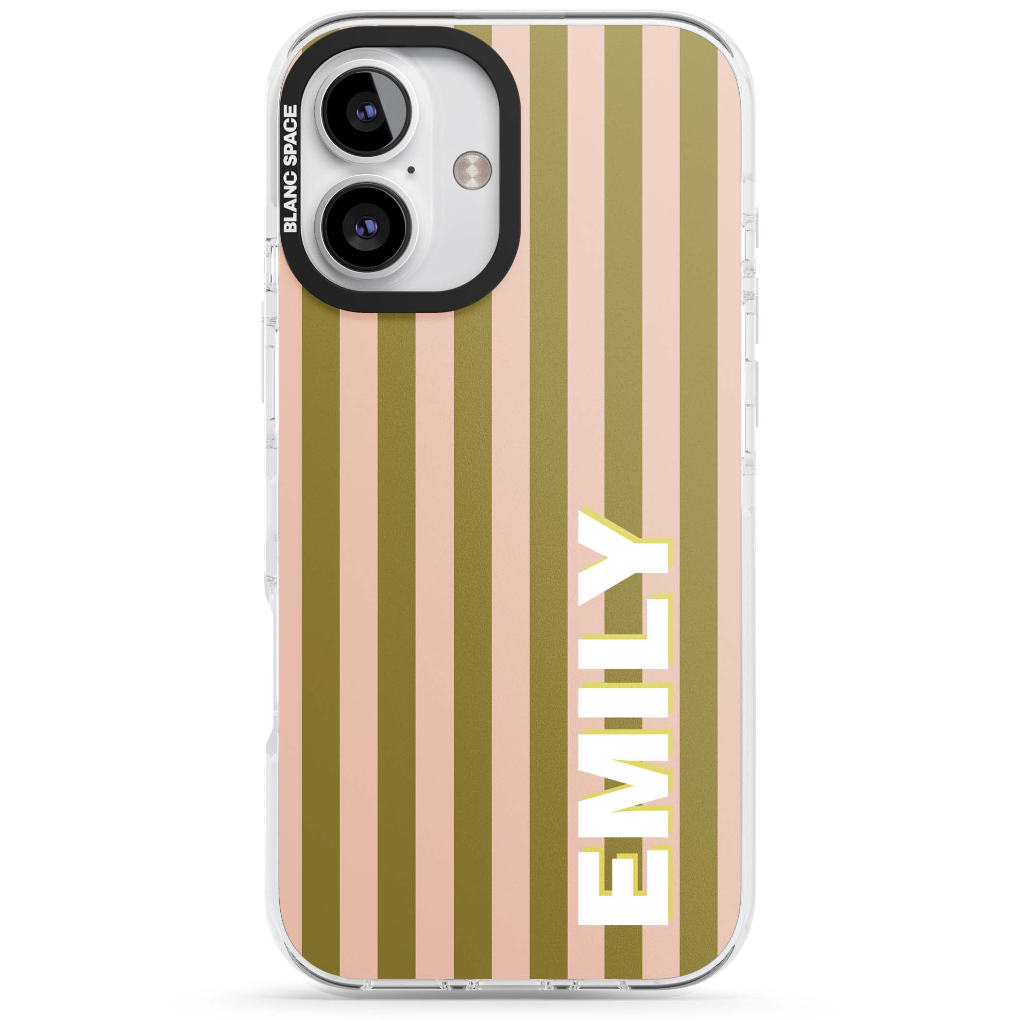 Indian Stripe personalised iPhone case featuring olive green and blush pink vertical stripes with custom name in whit | Impact Magsafe case for iPhone 16, iPhone 16 Plus