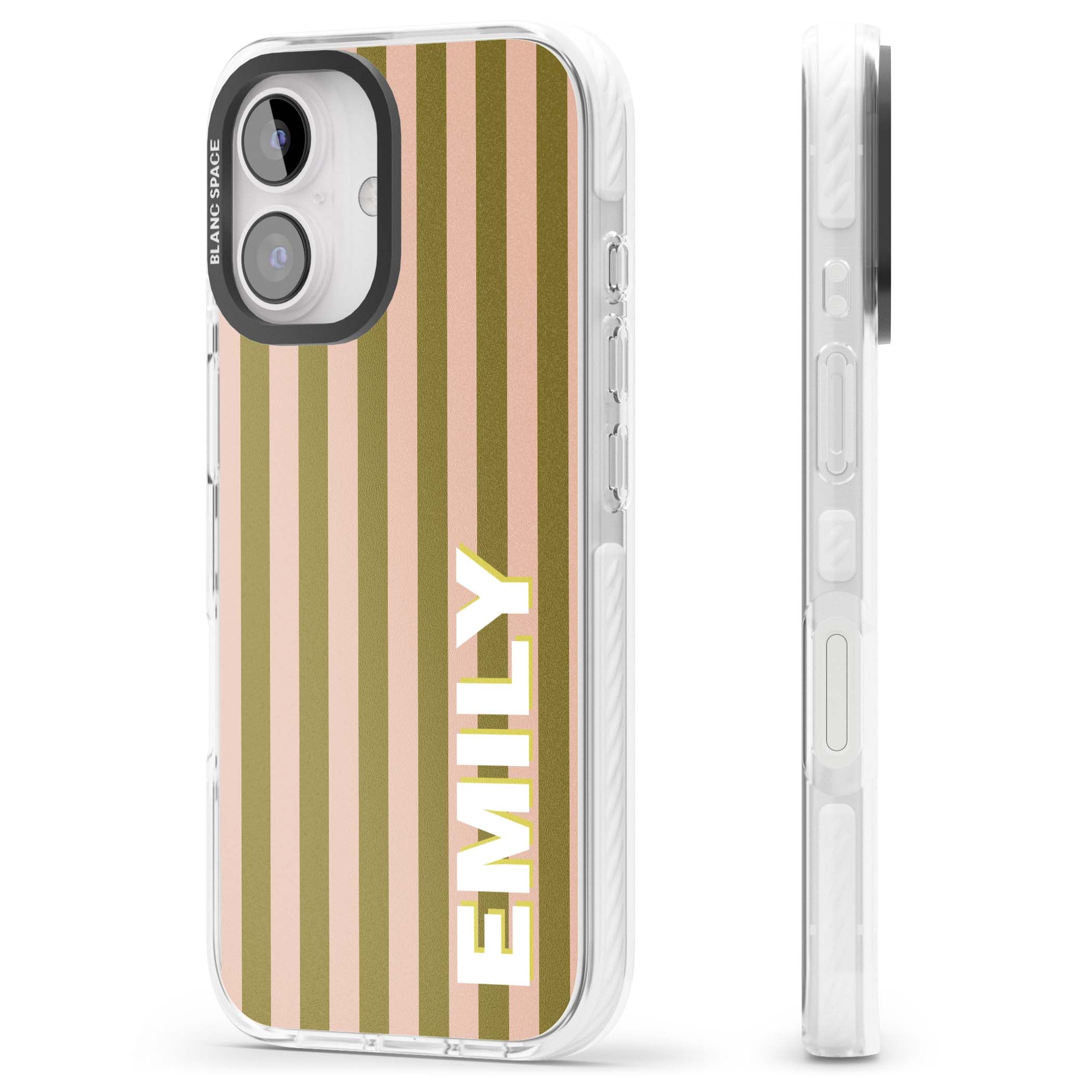 Indian Stripe personalised iPhone case featuring olive green and blush pink vertical stripes with custom name in whit | Impact Magsafe case for iPhone 16, iPhone 16 Plus