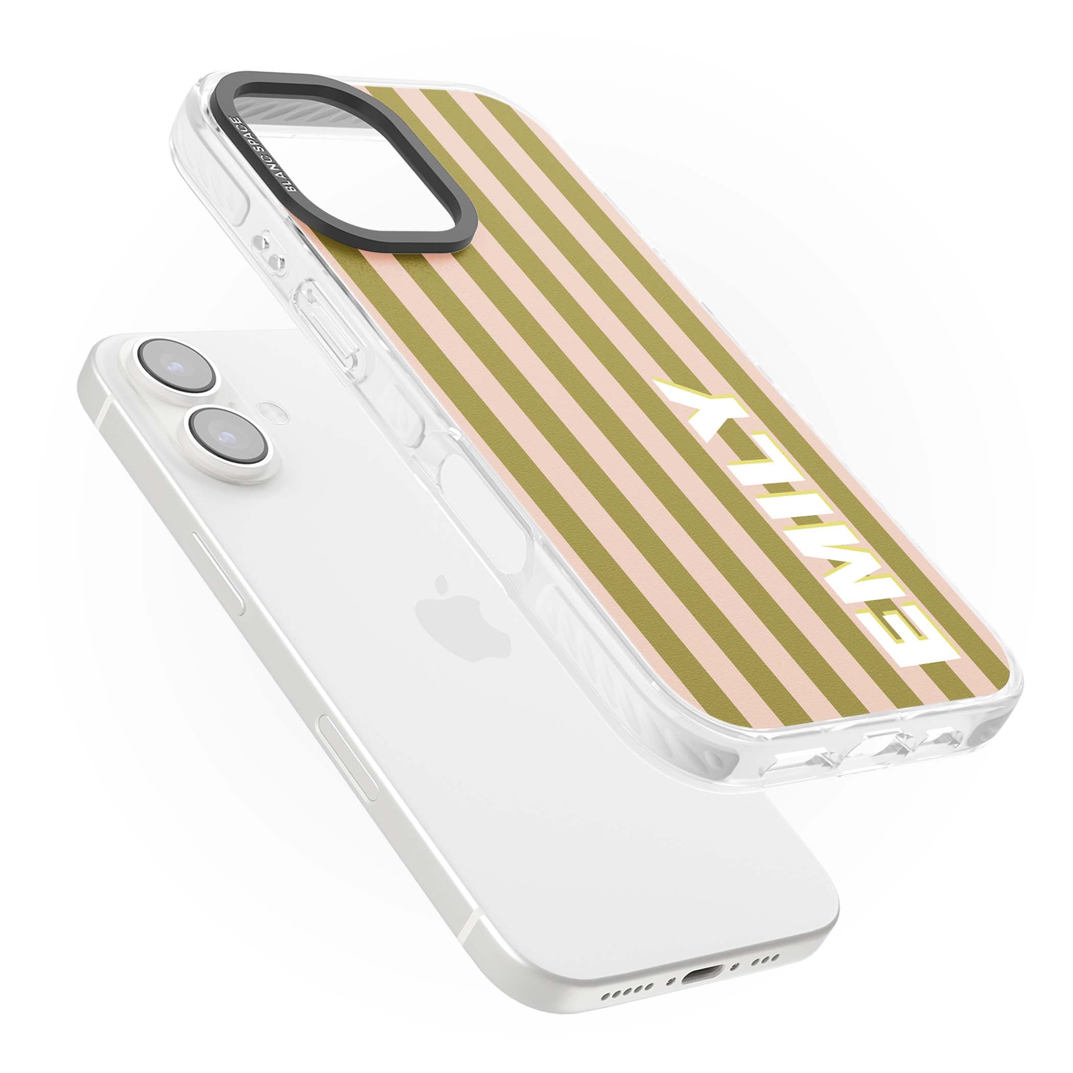 Indian Stripe personalised iPhone case featuring olive green and blush pink vertical stripes with custom name in whit | Impact Magsafe case for iPhone 16, iPhone 16 Plus