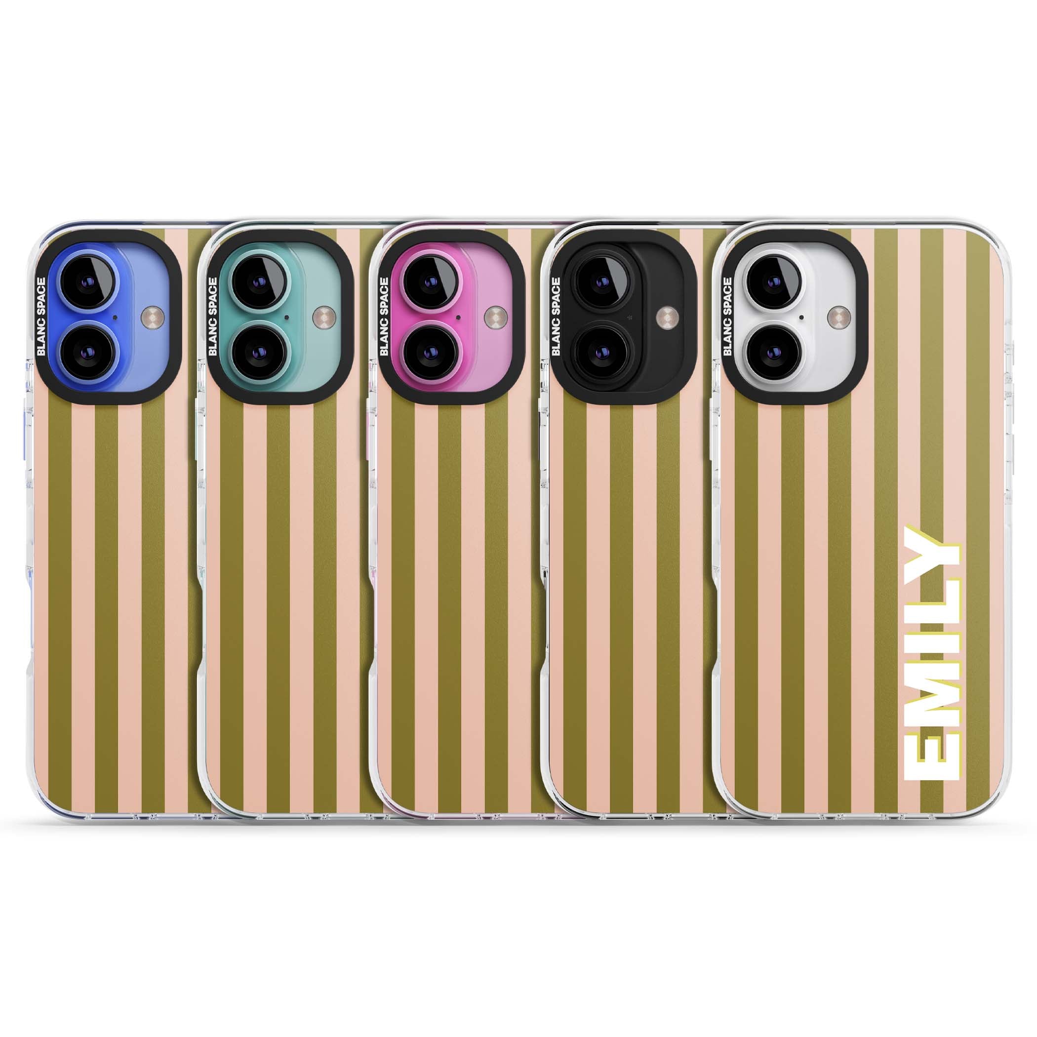 Indian Stripe personalised iPhone case featuring olive green and blush pink vertical stripes with custom name in whit | Impact Magsafe case for iPhone 16, iPhone 16 Plus