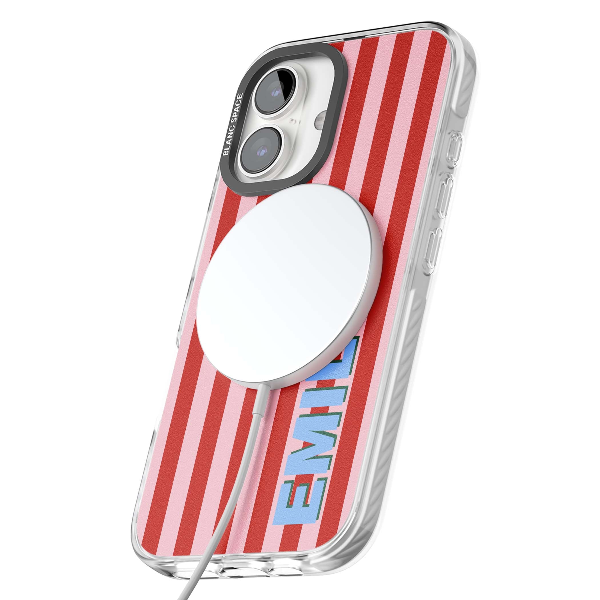 Market Stripe personalised iPhone case with red and pink vertical stripes and custom blue name | Impact Magsafe case for iPhone 16, iPhone 16 Plus