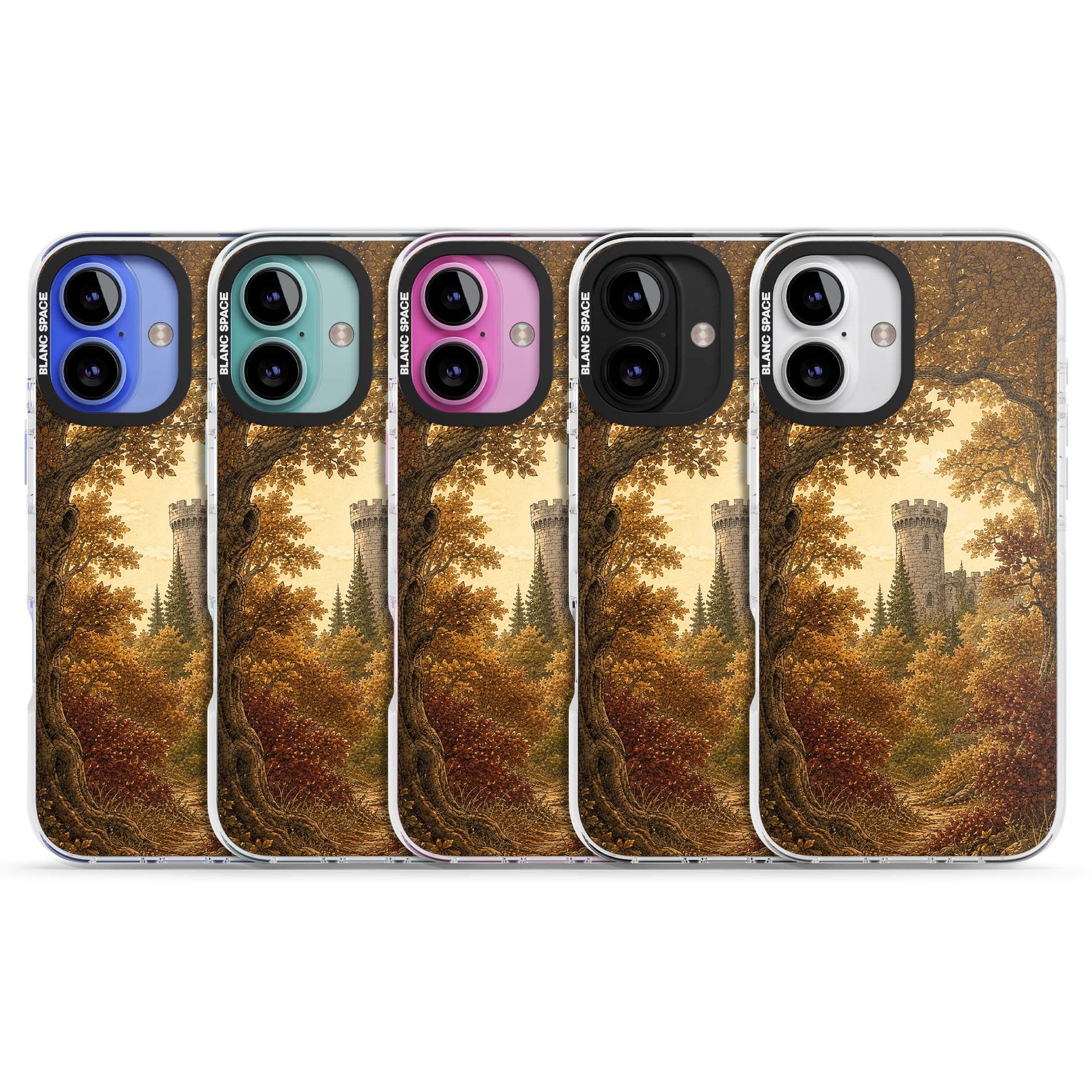 Autumn Keep cottagecore iPhone case featuring a medieval castle tower framed by golden autumn trees and woodland foliage | Impact Magsafe case for iPhone 16, iPhone 16 Plus