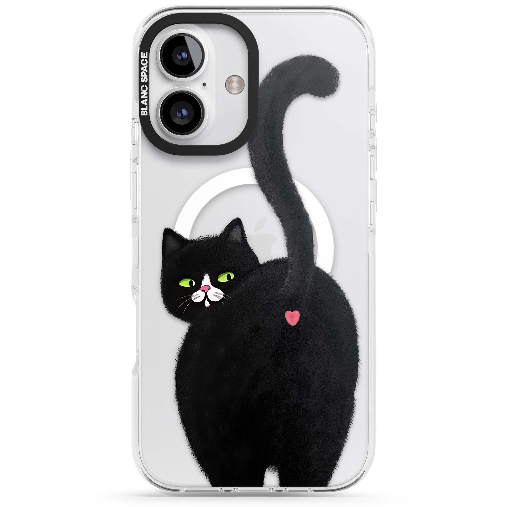 The Cat's Kiss cute cat iPhone case featuring a hand-painted tuxedo kitty with green eyes and a pink heart on a clear | Impact Magsafe case for iPhone 16, iPhone 16 Plus