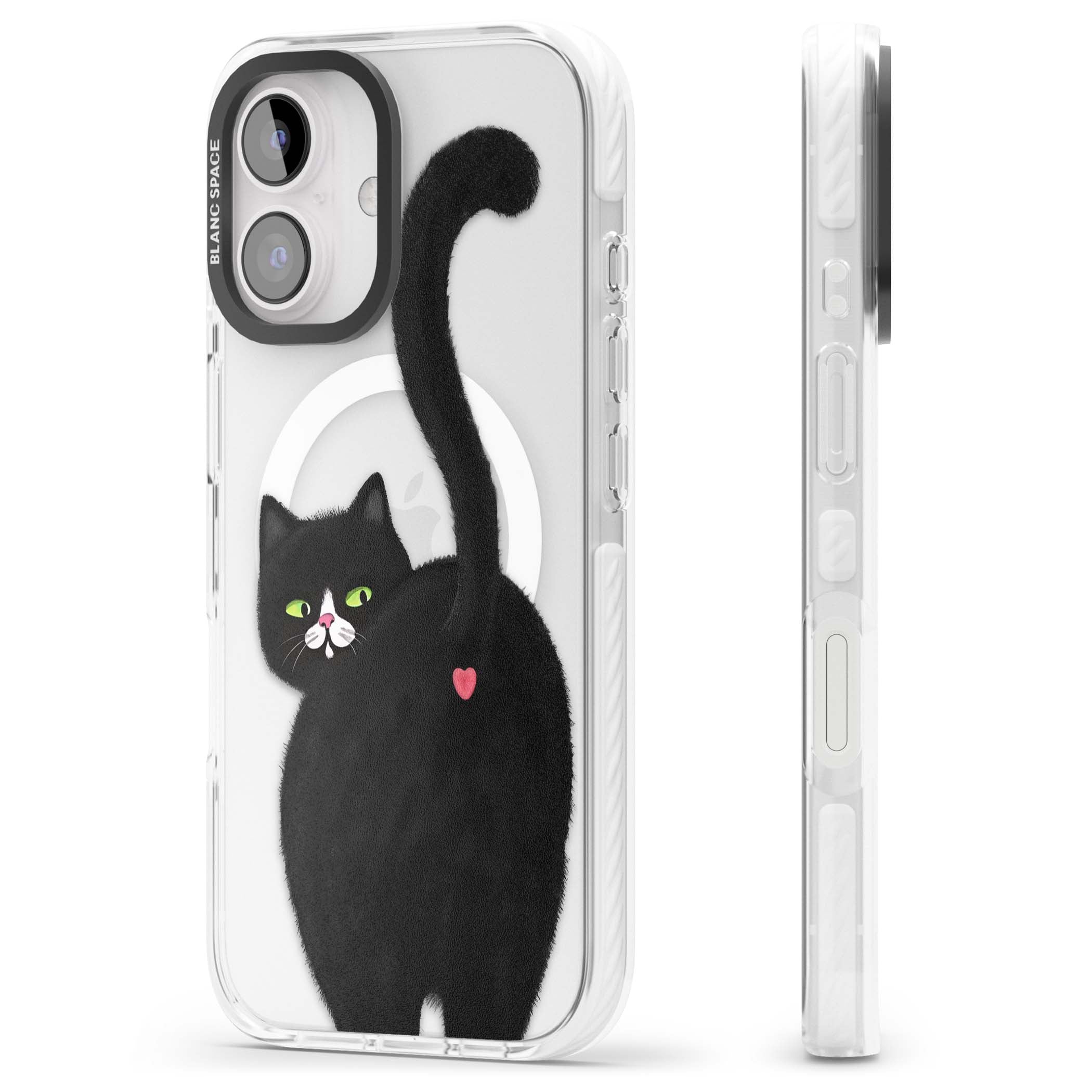 The Cat's Kiss cute cat iPhone case featuring a hand-painted tuxedo kitty with green eyes and a pink heart on a clear | Impact Magsafe case for iPhone 16, iPhone 16 Plus