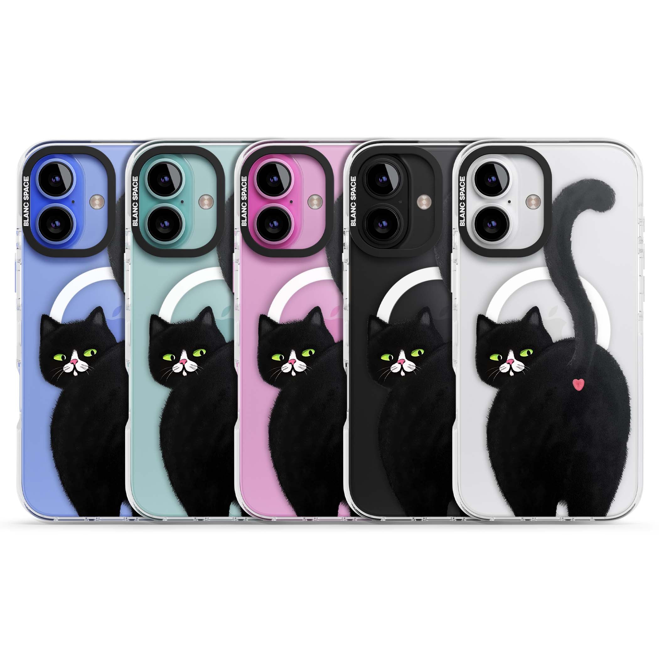 The Cat's Kiss cute cat iPhone case featuring a hand-painted tuxedo kitty with green eyes and a pink heart on a clear | Impact Magsafe case for iPhone 16, iPhone 16 Plus