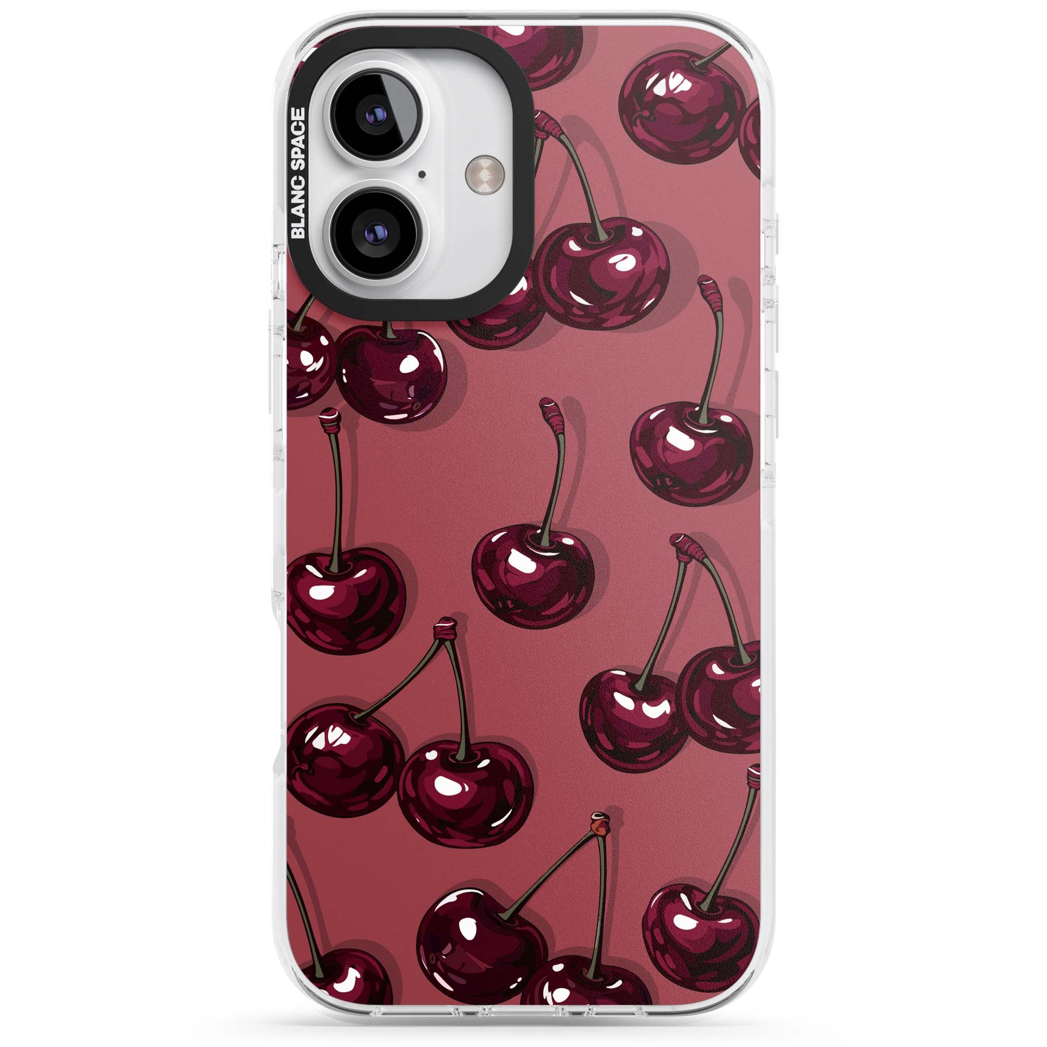 Cherry Rebel coquette iPhone case featuring glossy burgundy cherries on a dusty rose background | Impact Magsafe case for iPhone 16, iPhone 16 Plus