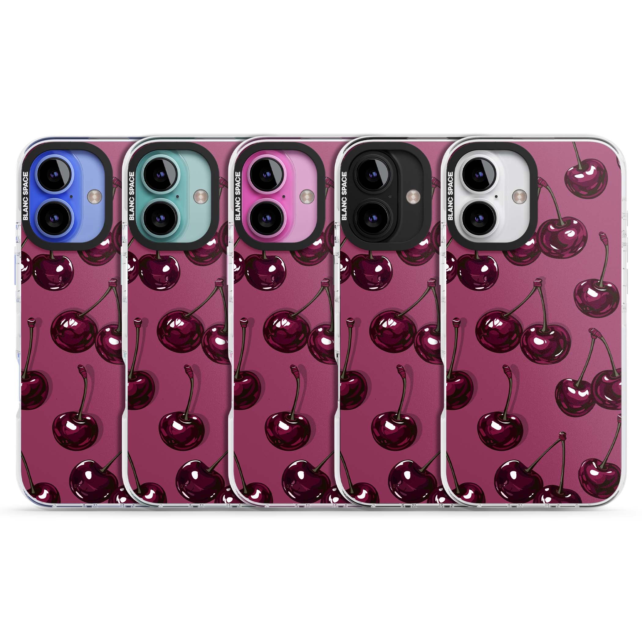 Cherry Soda coquette iPhone case featuring glossy burgundy cherries on a dusty pink background | Impact Magsafe case for iPhone 16, iPhone 16 Plus