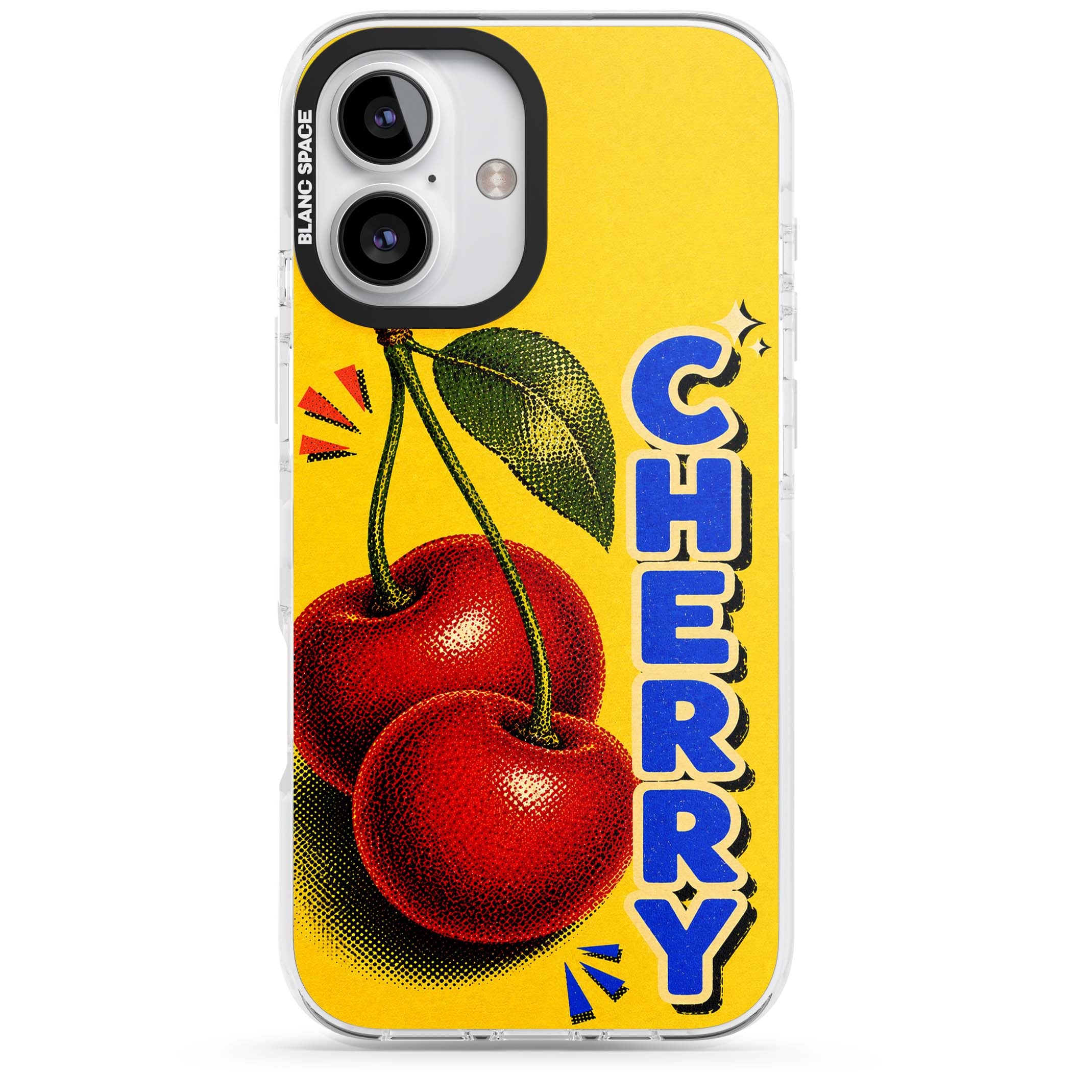 Cherry Yellow y2k iPhone case featuring two red cherries, halftone shading and bold blue CHERRY lettering on yellow | Impact Magsafe case for iPhone 16, iPhone 16 Plus