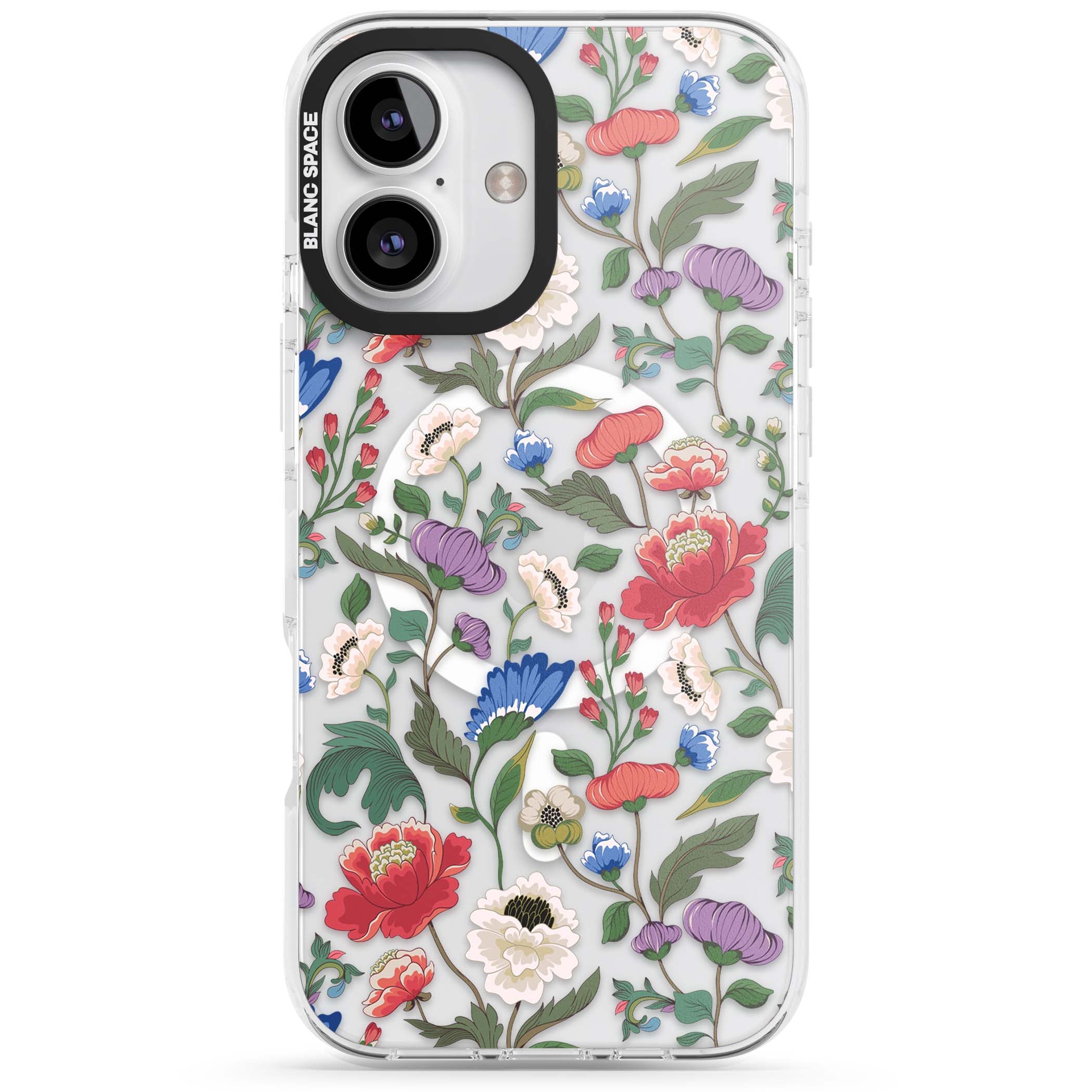 Chinoiserie Bloom vintage floral iPhone case featuring hand-painted peonies, poppies and trailing wildflowers on clear... | Impact Magsafe case for iPhone 16, iPhone 16 Plus