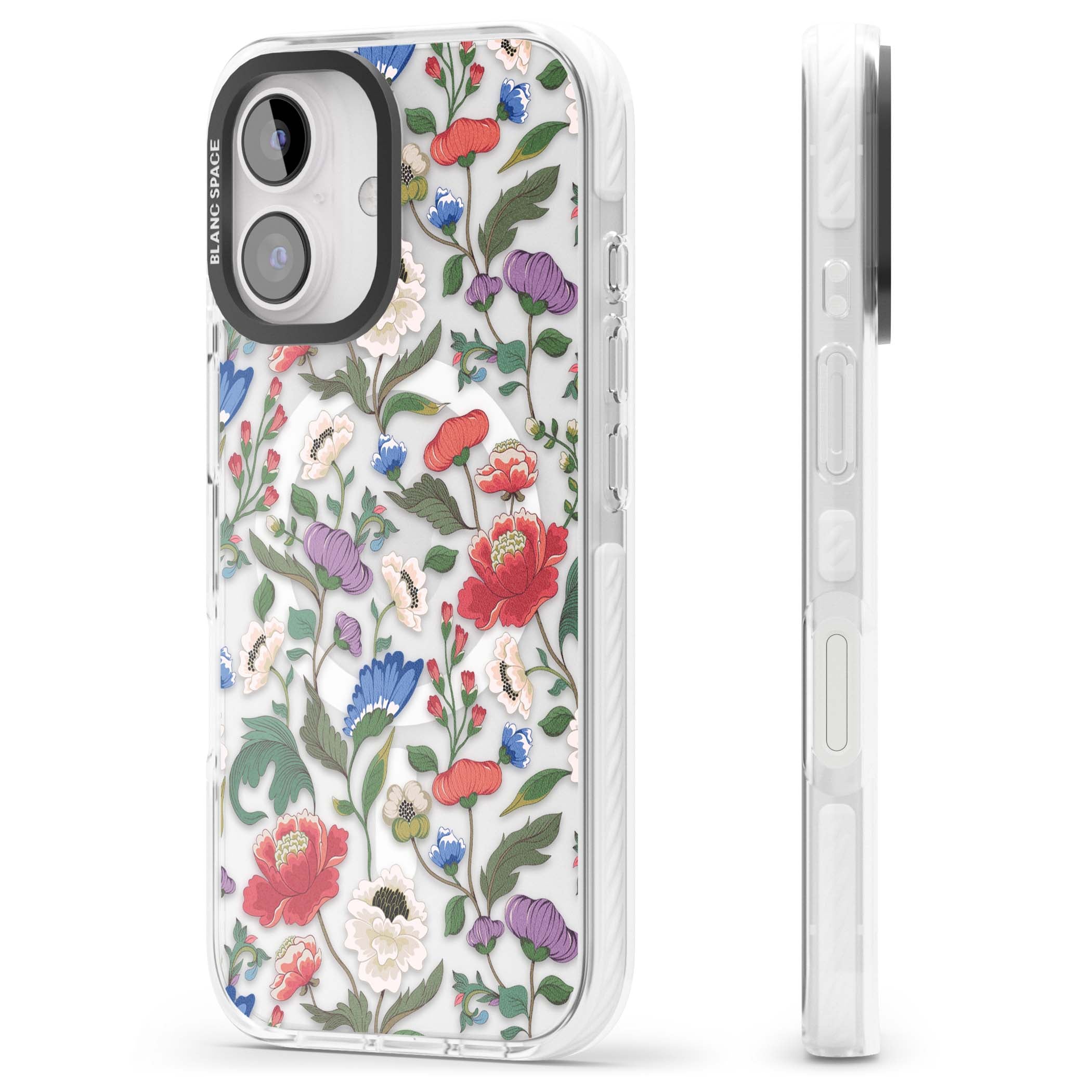 Chinoiserie Bloom vintage floral iPhone case featuring hand-painted peonies, poppies and trailing wildflowers on clear... | Impact Magsafe case for iPhone 16, iPhone 16 Plus