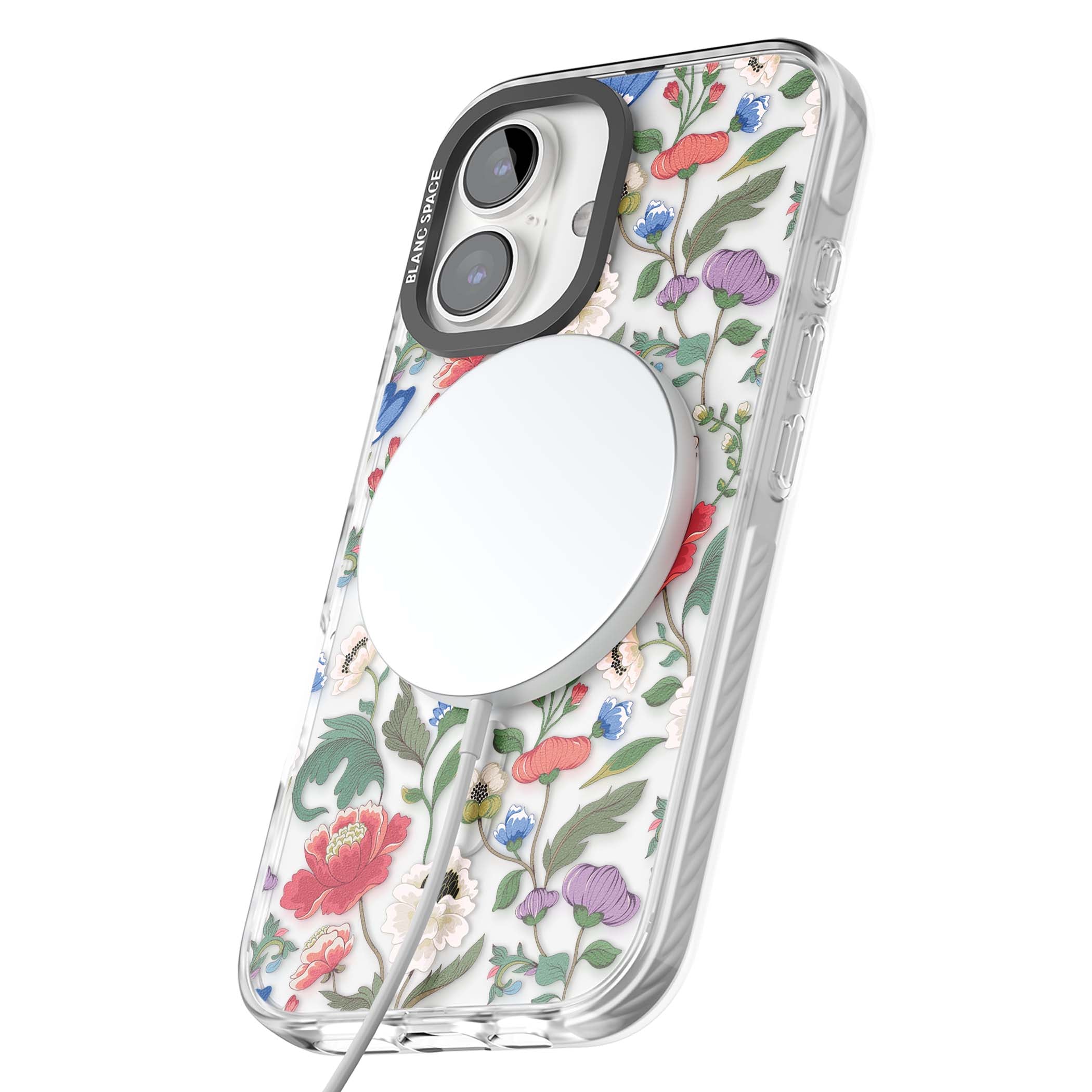 Chinoiserie Bloom vintage floral iPhone case featuring hand-painted peonies, poppies and trailing wildflowers on clear... | Impact Magsafe case for iPhone 16, iPhone 16 Plus