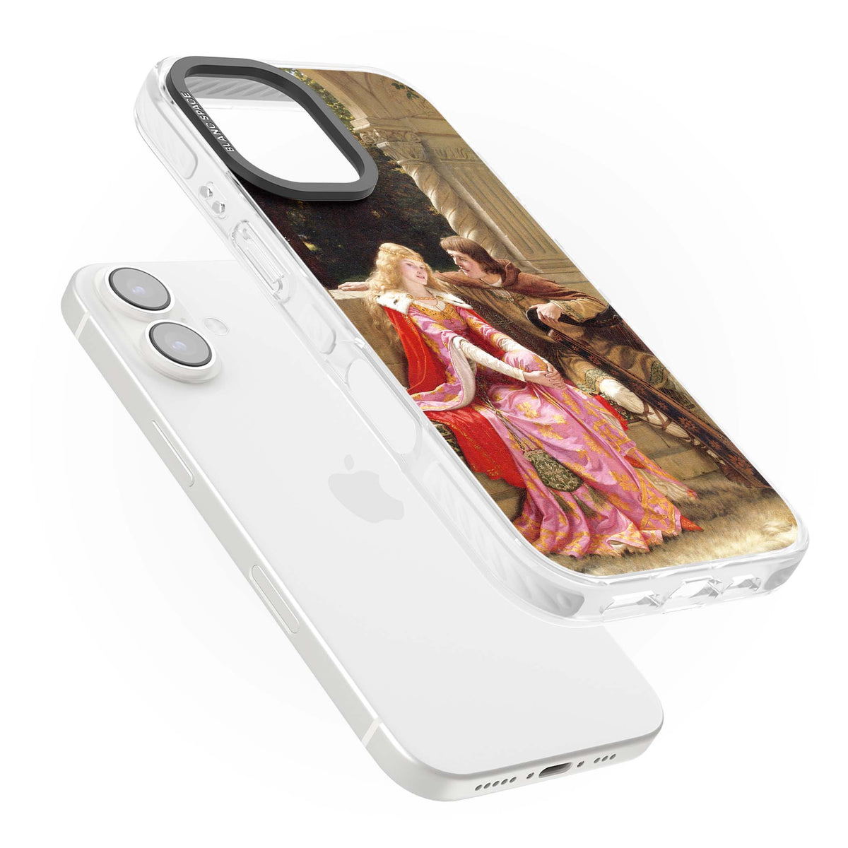 The End of the Song classic art iPhone case featuring a medieval lady in pink gown and her knight in a stone archway | Impact Magsafe case for iPhone 16, iPhone 16 Plus