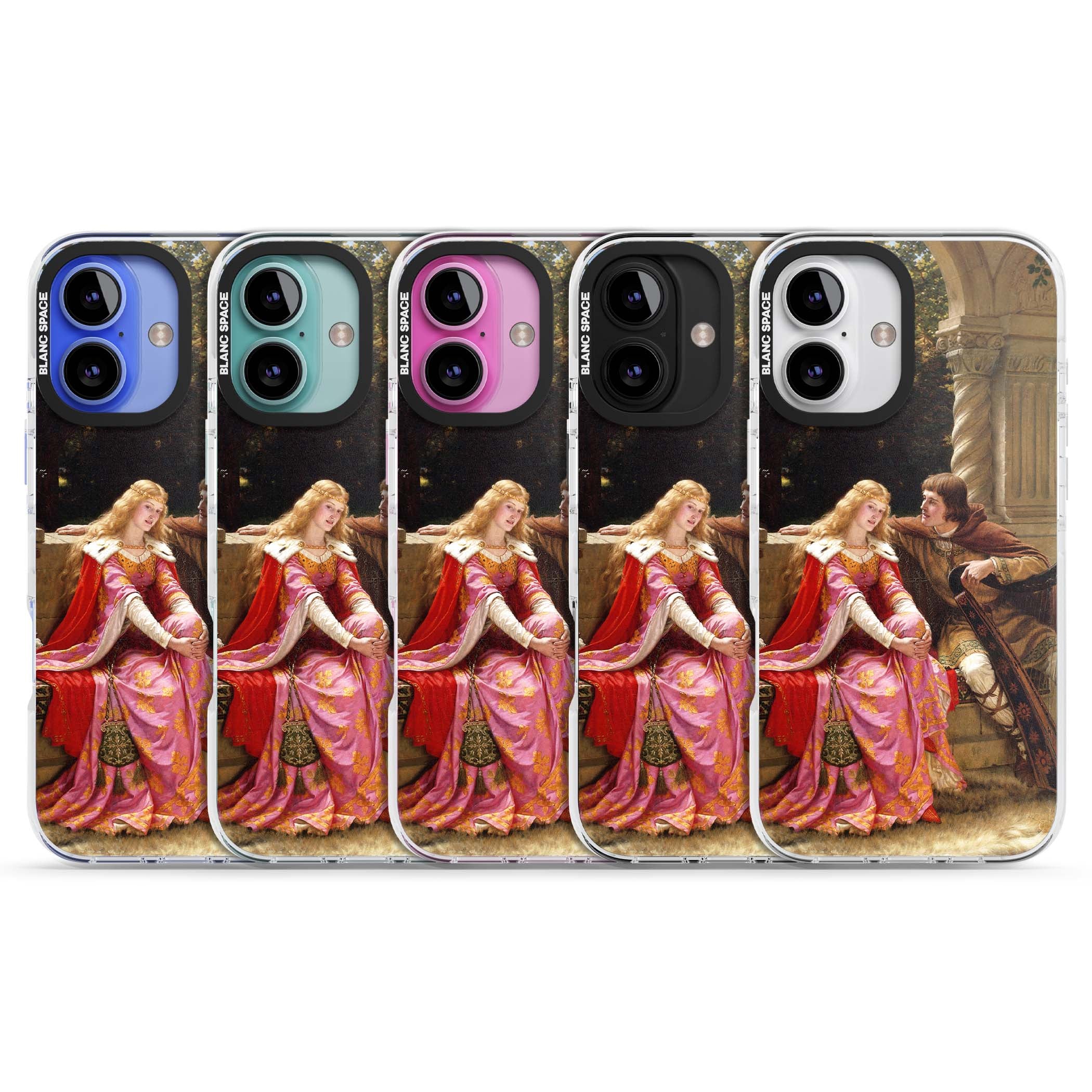 The End of the Song classic art iPhone case featuring a medieval lady in pink gown and her knight in a stone archway | Impact Magsafe case for iPhone 16, iPhone 16 Plus