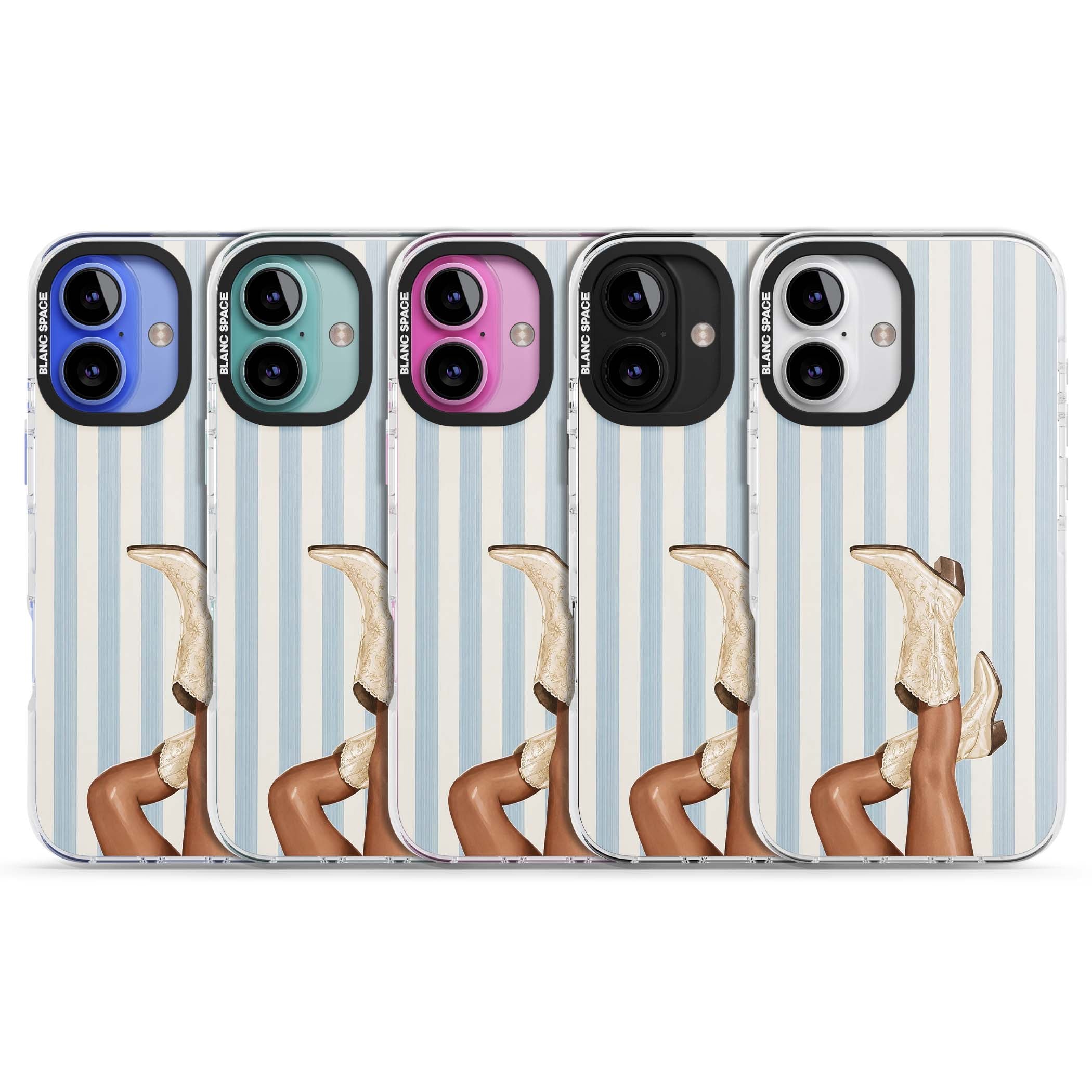Cowgirl Boots coastal cowgirl iPhone case featuring embroidered western boots, tanned legs and a blue stripe backdrop | Impact Magsafe case for iPhone 16, iPhone 16 Plus