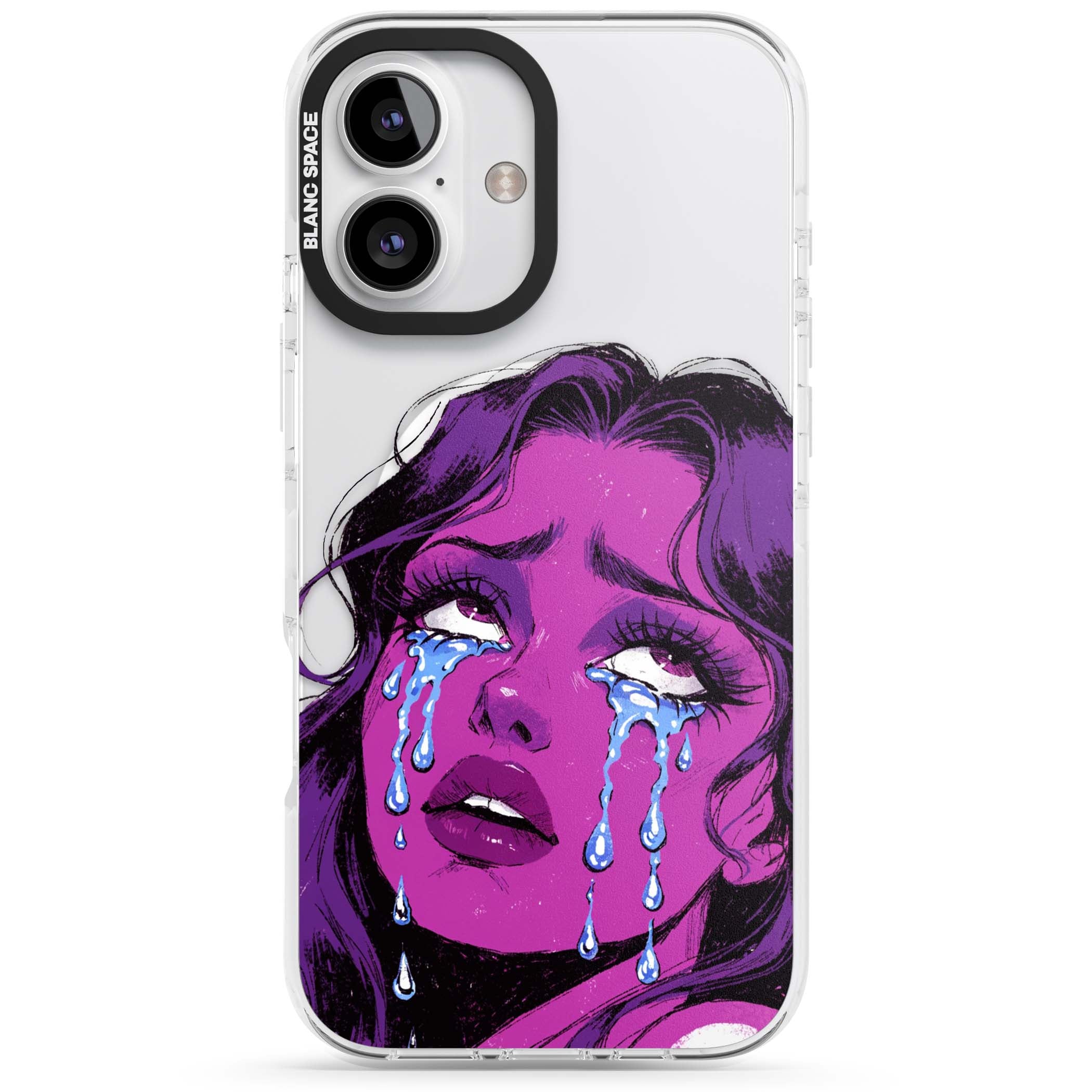 Drama Queen pop art iPhone case featuring a purple crying comic girl with blue tears | Impact Magsafe case for iPhone 16, iPhone 16 Plus