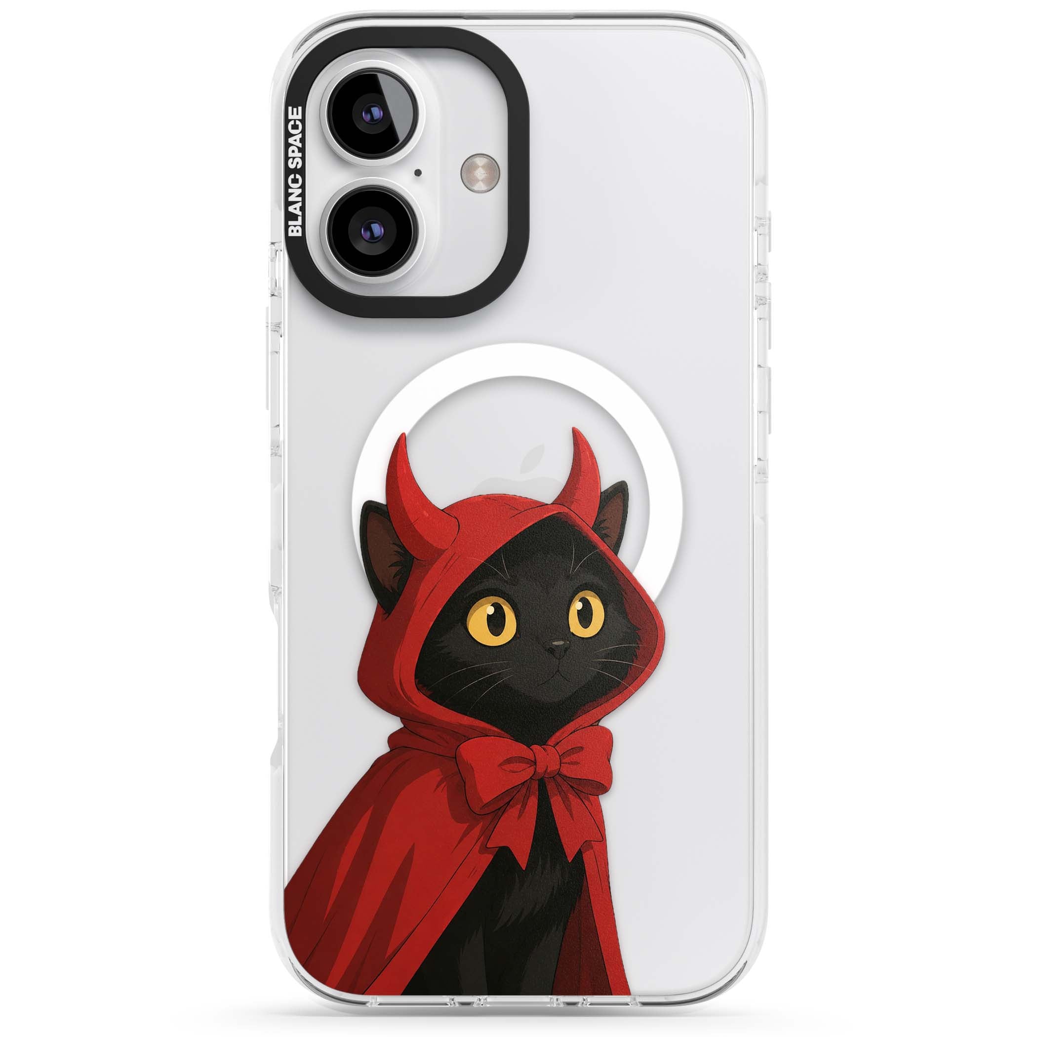 Little Devil halloween iPhone case featuring a black cat in a red hooded devil cloak with horns and golden eyes | Impact Magsafe case for iPhone 16, iPhone 16 Plus