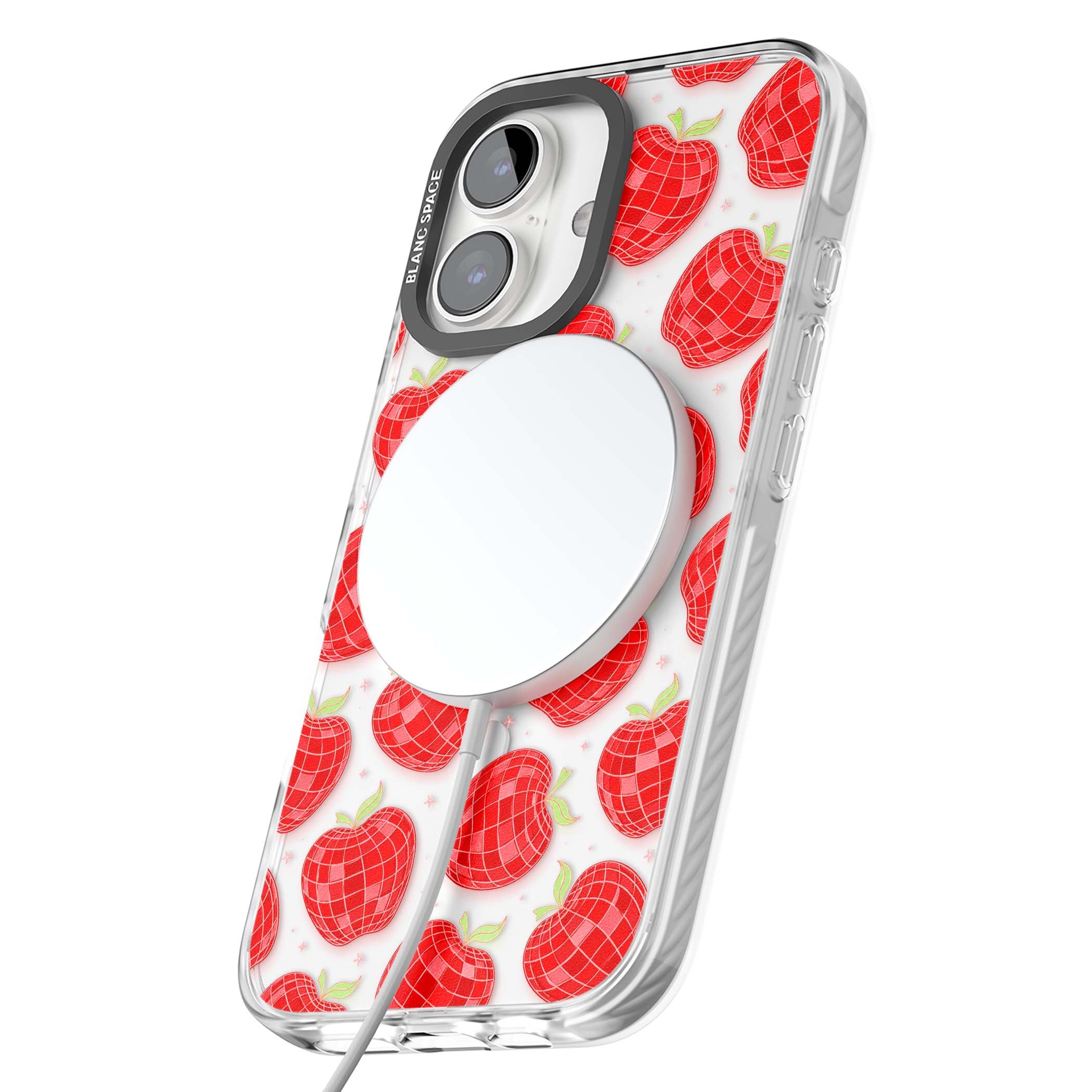 Disco Apples Y2K iPhone case featuring red disco ball apples, green leaves and pink sparkles on clear | Impact Magsafe case for iPhone 16, iPhone 16 Plus