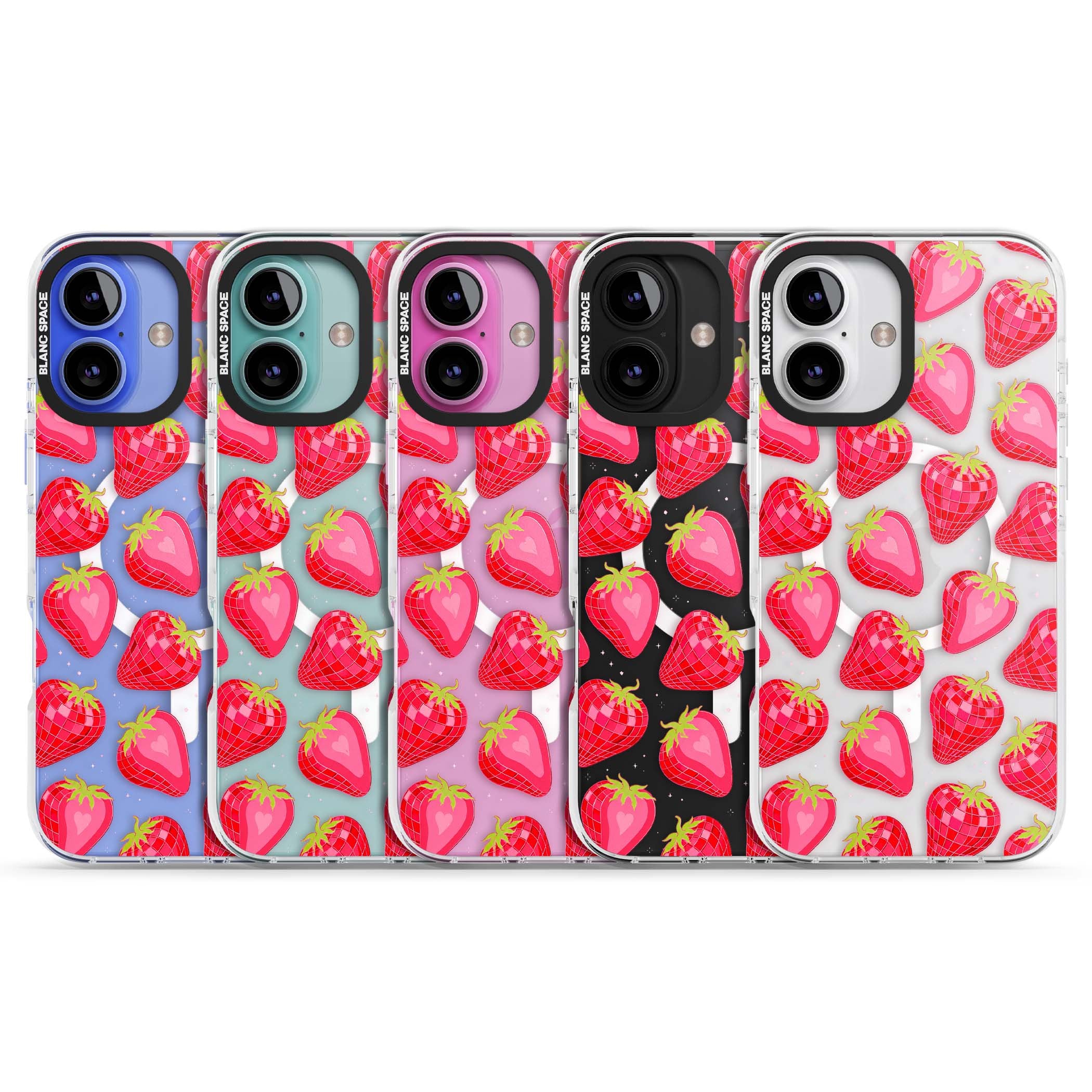 Disco Strawberry Y2K iPhone case featuring pink disco-ball strawberries, green leaves and tiny sparkles | Impact Magsafe case for iPhone 16, iPhone 16 Plus