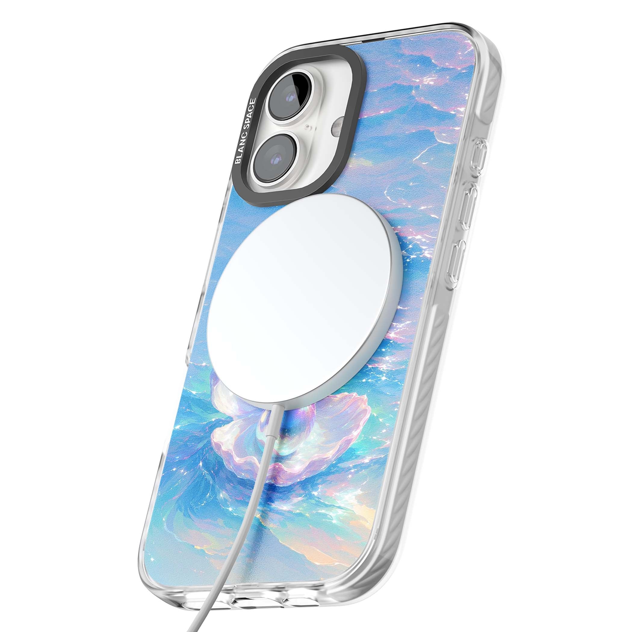 The Pearl Clam mermaidcore iPhone case featuring iridescent seashell, glowing pearl and pastel ocean waves | Impact Magsafe case for iPhone 16, iPhone 16 Plus