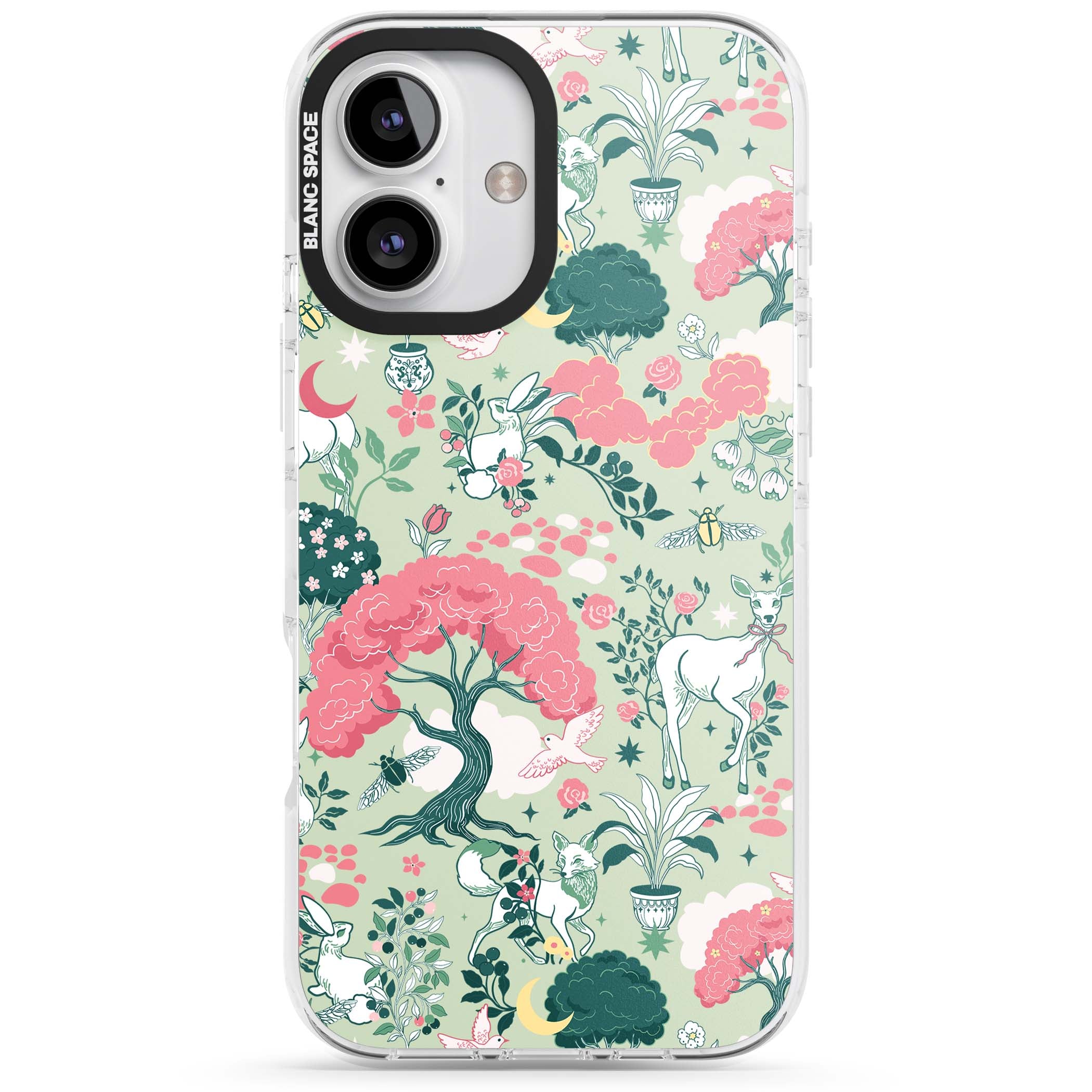 Enchanted Woodland cottagecore iPhone case featuring white deer, pink roses, mushrooms and woodland animals on sage green | Impact Magsafe case for iPhone 16, iPhone 16 Plus
