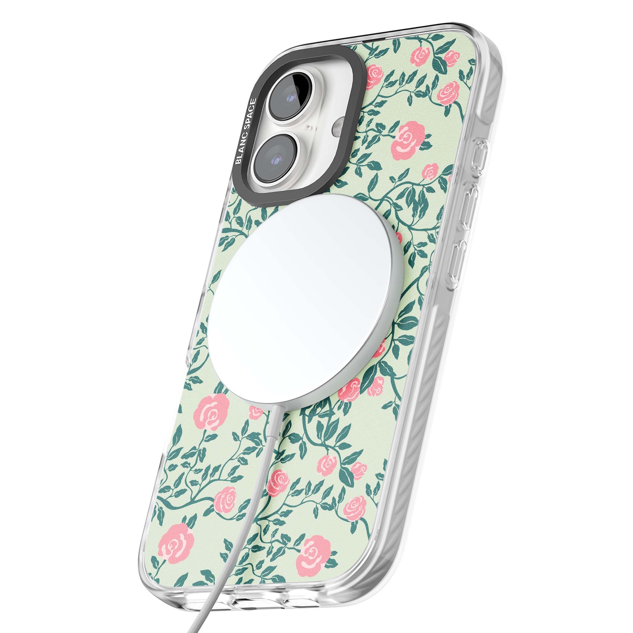 Rose Trellis cottagecore iPhone case featuring pink roses, sage green vines, and mint background | Impact Magsafe case for iPhone 16, iPhone 16 Plus