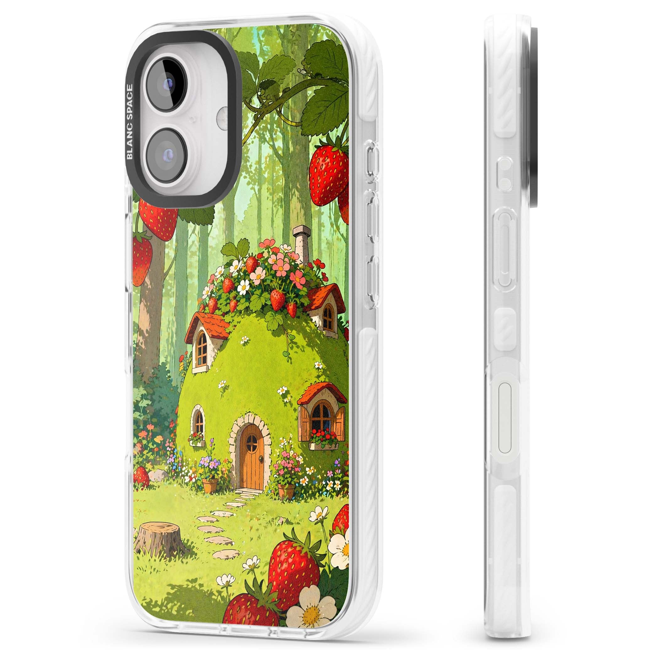 Strawberry Cottage cottagecore iPhone case featuring a green fairy house, wild strawberries and enchanted forest flowers | Impact Magsafe case for iPhone 16, iPhone 16 Plus
