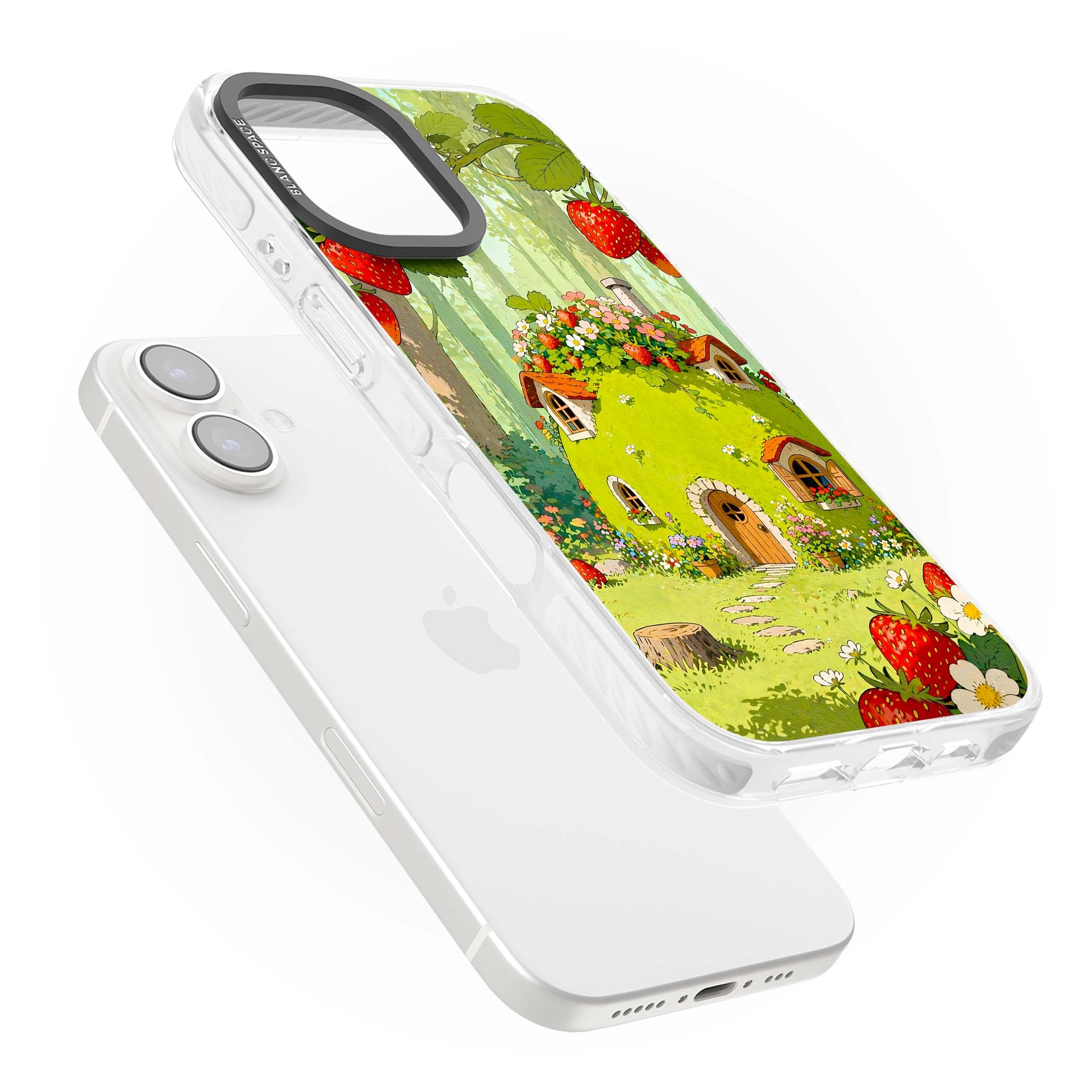 Strawberry Cottage cottagecore iPhone case featuring a green fairy house, wild strawberries and enchanted forest flowers | Impact Magsafe case for iPhone 16, iPhone 16 Plus