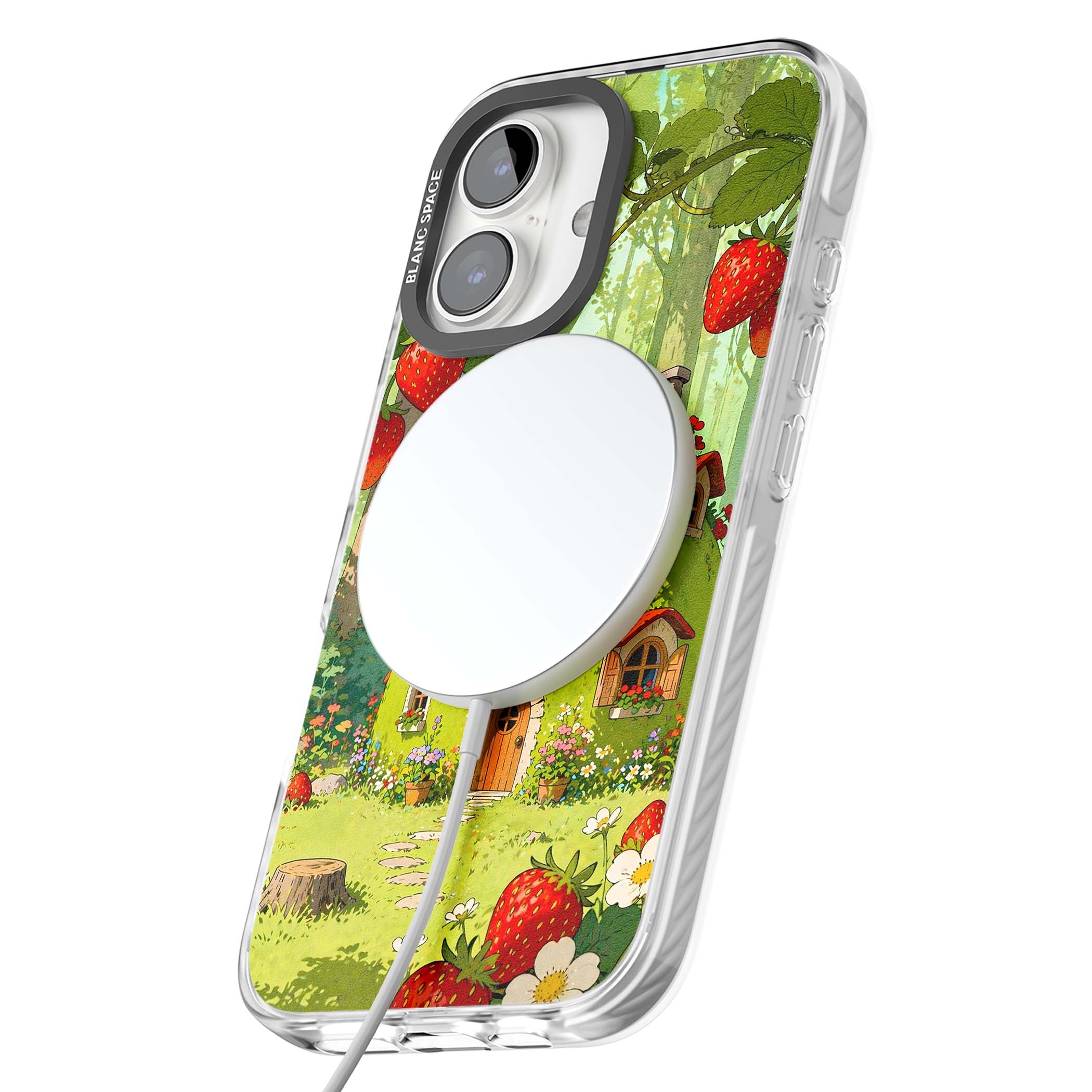 Strawberry Cottage cottagecore iPhone case featuring a green fairy house, wild strawberries and enchanted forest flowers | Impact Magsafe case for iPhone 16, iPhone 16 Plus