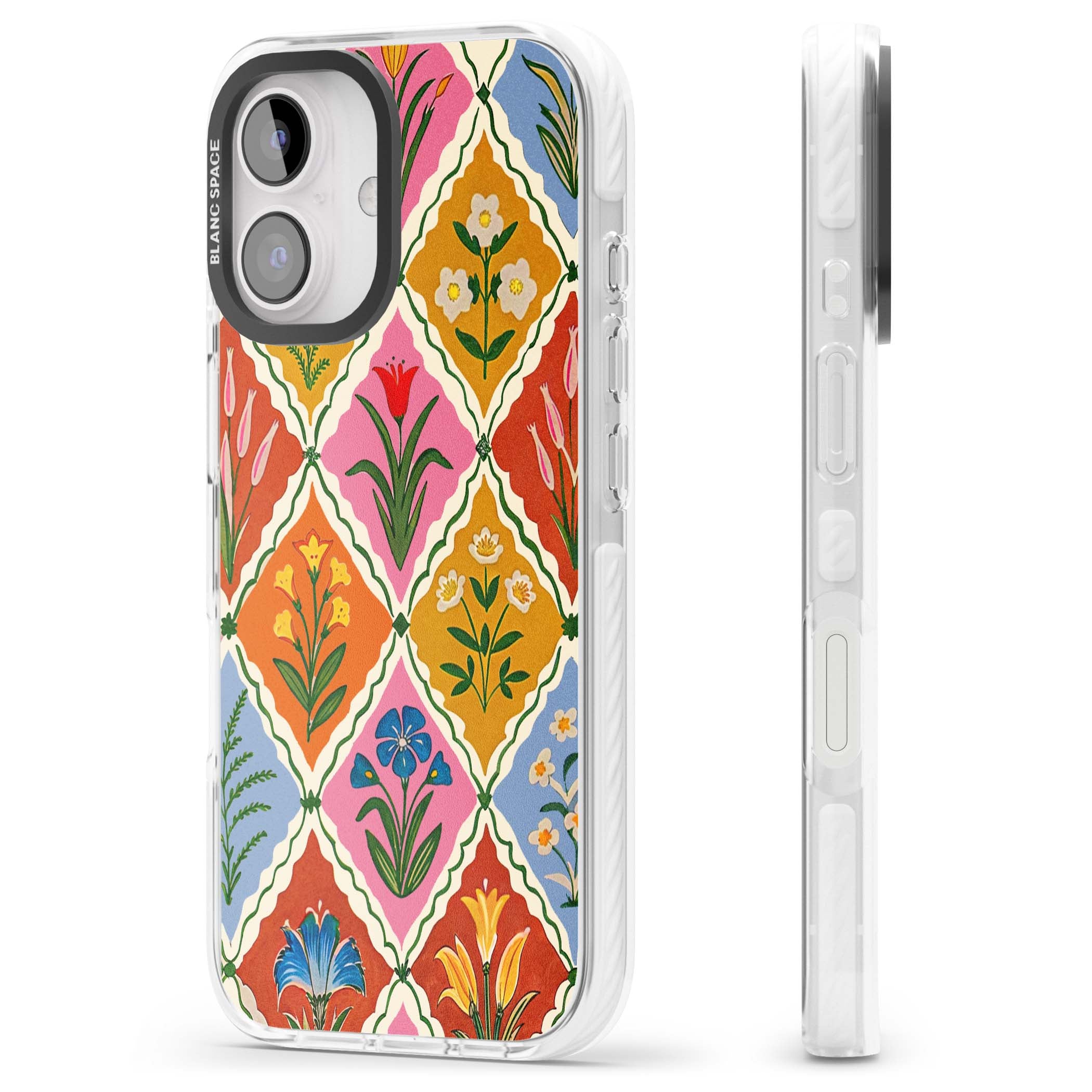 Floral Quilt boho floral iPhone case featuring diamond lattice pattern, hand-painted tulips and folk art wildflowers | Impact Magsafe case for iPhone 16, iPhone 16 Plus
