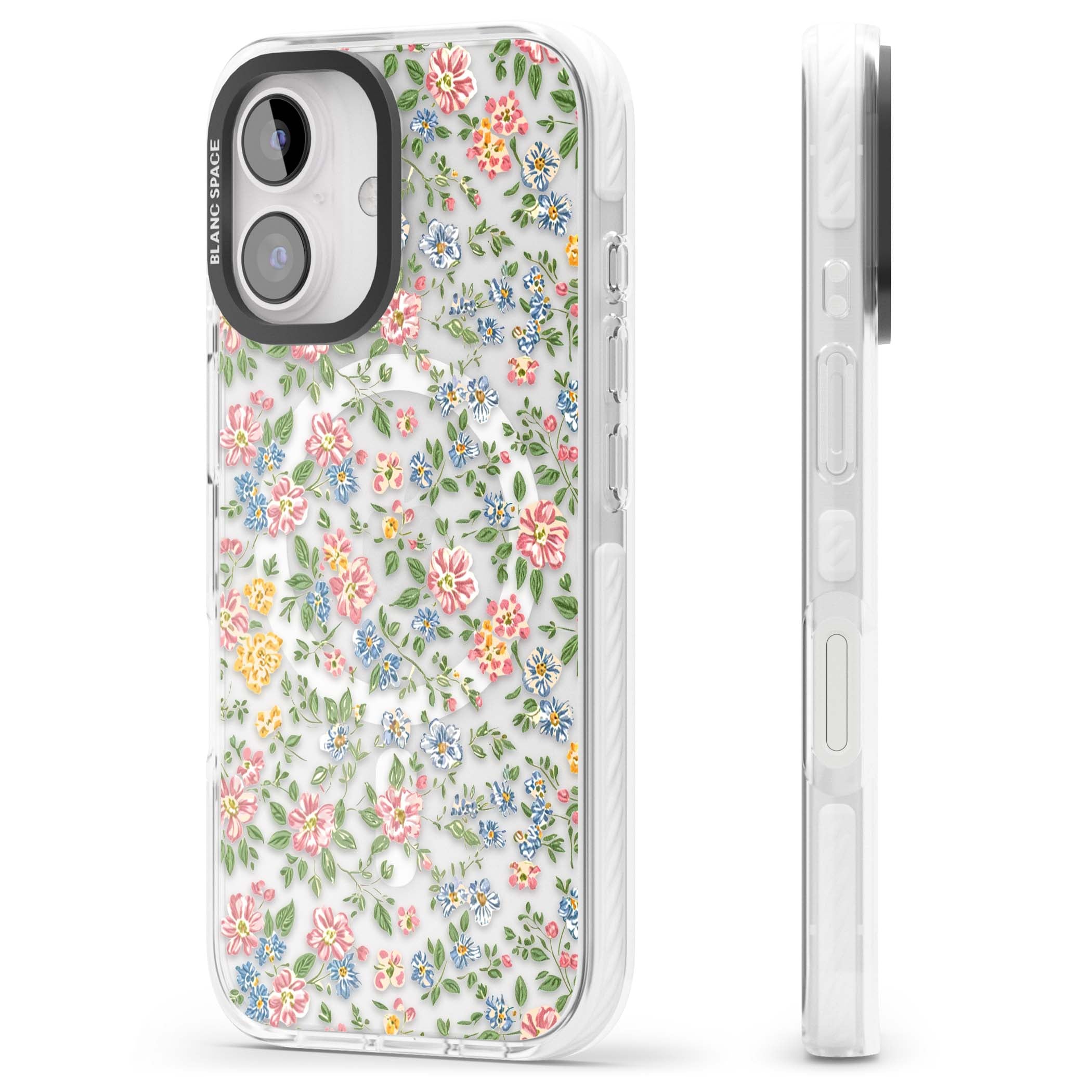 Soft Meadow cottagecore iPhone case featuring pink cosmos, blue forget-me-nots, yellow buttercups and green leaves sca | Impact Magsafe case for iPhone 16, iPhone 16 Plus