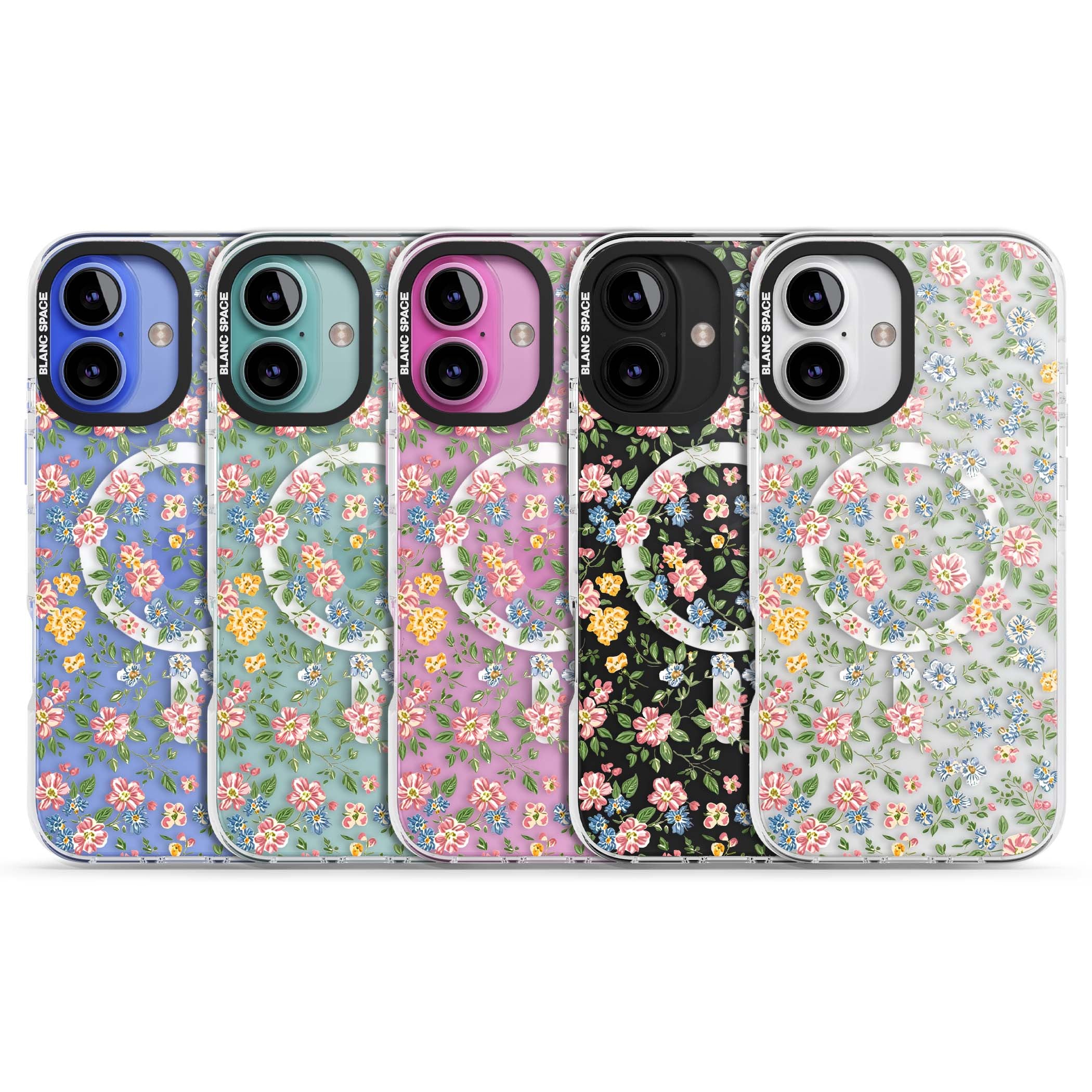 Soft Meadow cottagecore iPhone case featuring pink cosmos, blue forget-me-nots, yellow buttercups and green leaves sca | Impact Magsafe case for iPhone 16, iPhone 16 Plus
