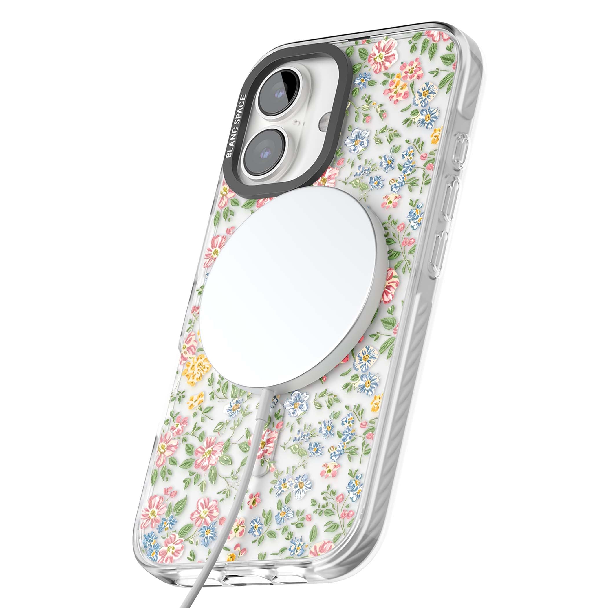 Soft Meadow cottagecore iPhone case featuring pink cosmos, blue forget-me-nots, yellow buttercups and green leaves sca | Impact Magsafe case for iPhone 16, iPhone 16 Plus