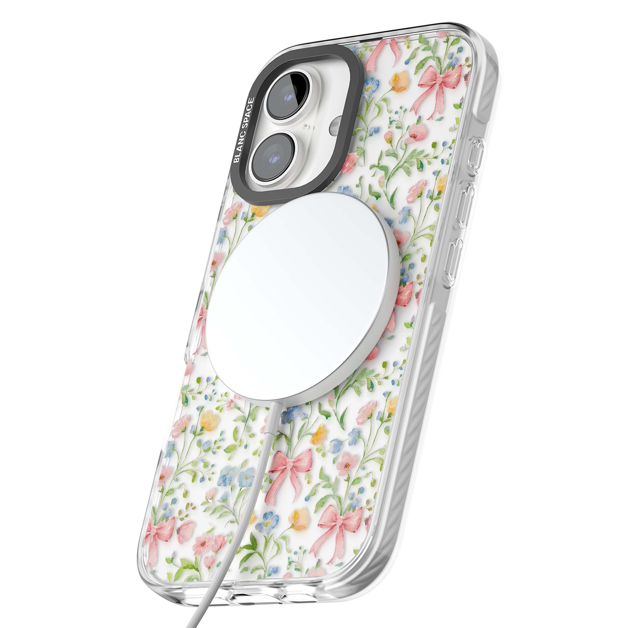 Ribbons & Wildflowers cottagecore iPhone case featuring watercolor wildflowers, pink satin bows, and delicate spring blooms o | Impact Magsafe case for iPhone 16, iPhone 16 Plus