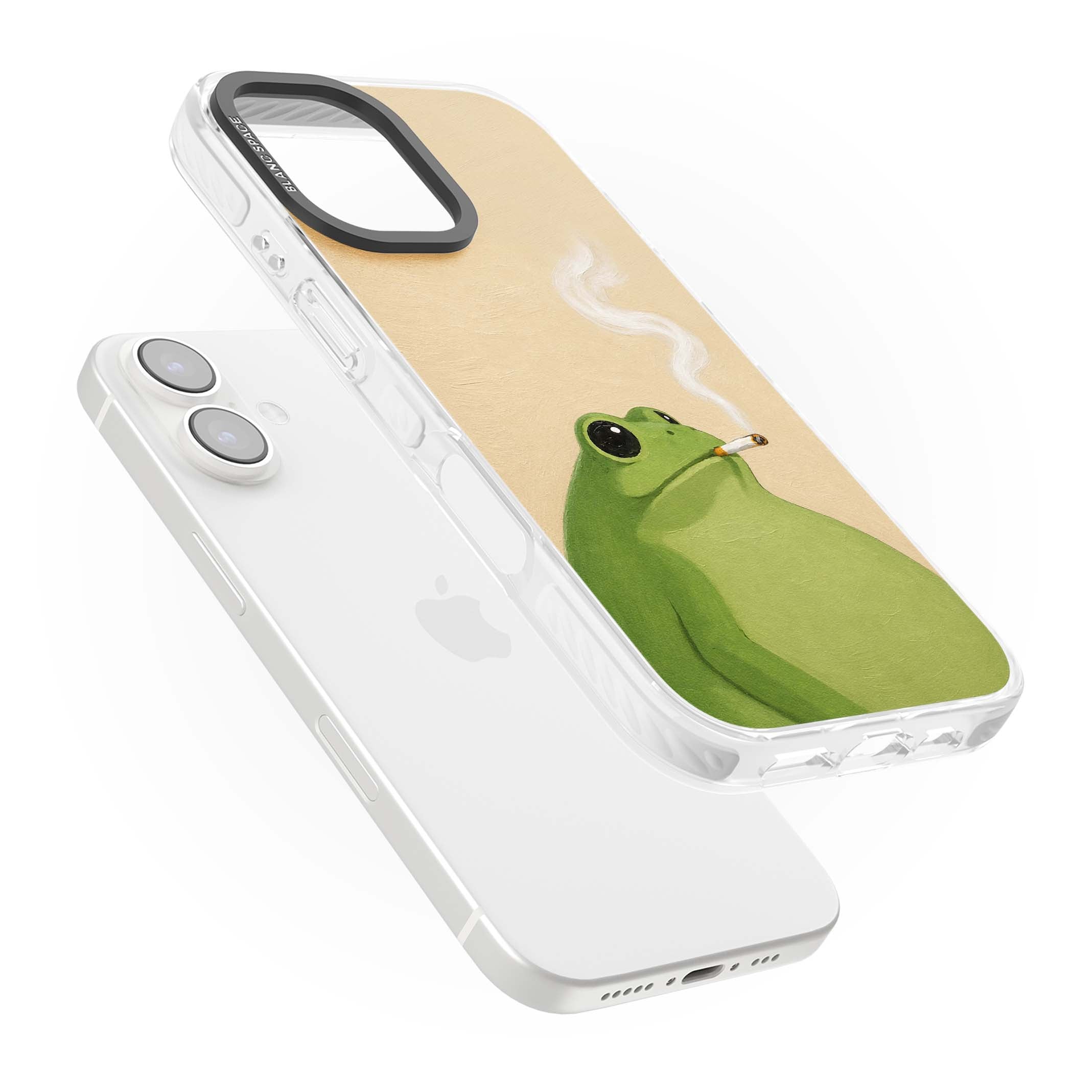 The Smoking Frog cottagecore iPhone case featuring a hand-painted green frog smoking a cigarette on a cream oil painting back | Impact Magsafe case for iPhone 16, iPhone 16 Plus
